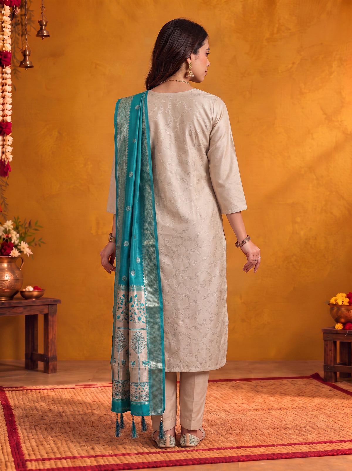 Jacquard Self Design Straight Calf Length Kurta With Pant and Dupatta