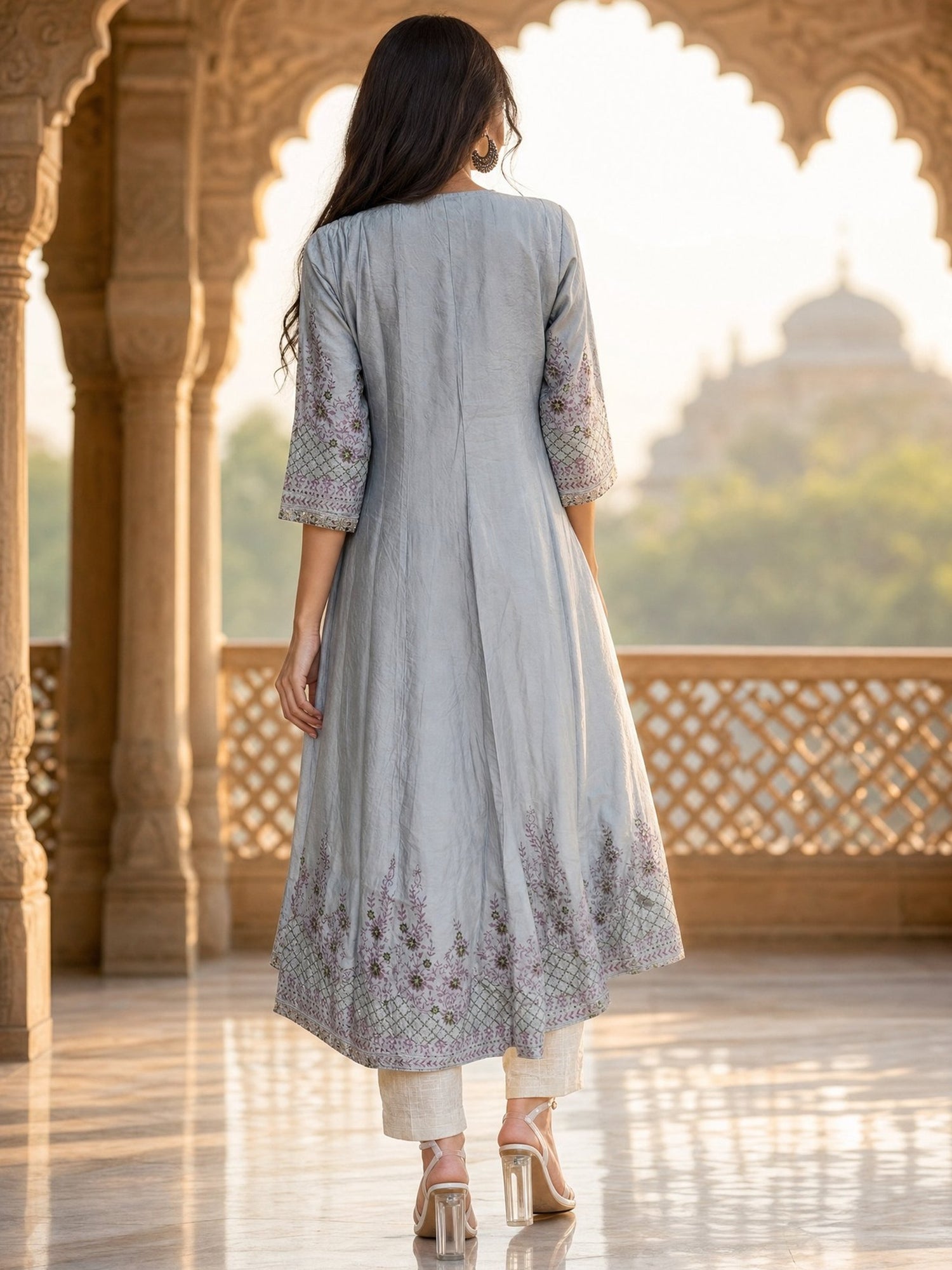 Buy Viscose Embroidered Flared Calf Length Kurta-Blue