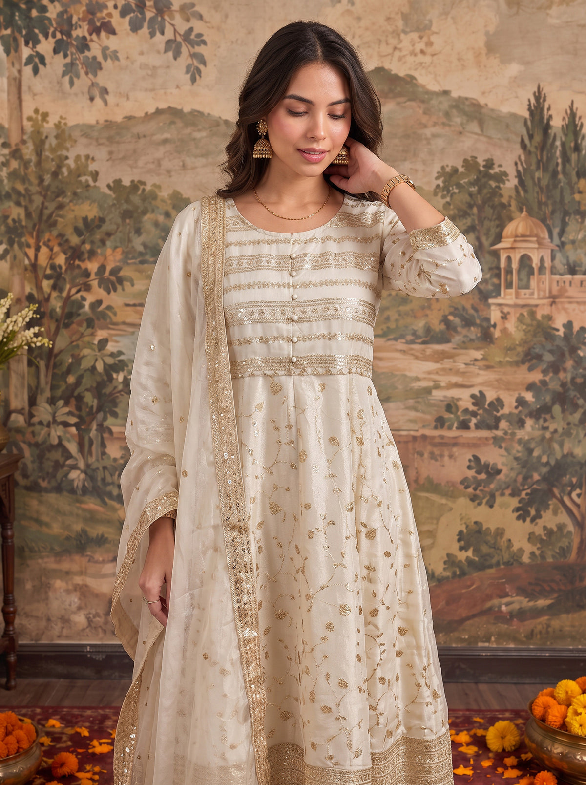 Buy Viscose Embroidered Flared Calf Length Kurta With Pant and Dupatta-Beige
