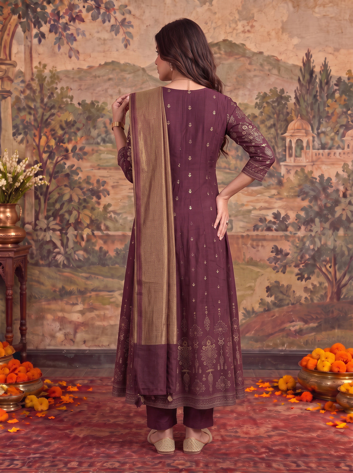 Viscose Embroidered Flared Calf Length Kurta With Pant and Dupatta