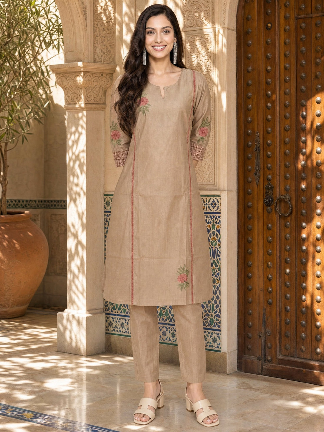 Buy Viscose Embroidered Straight Calf Length Kurta With Pant-Beige