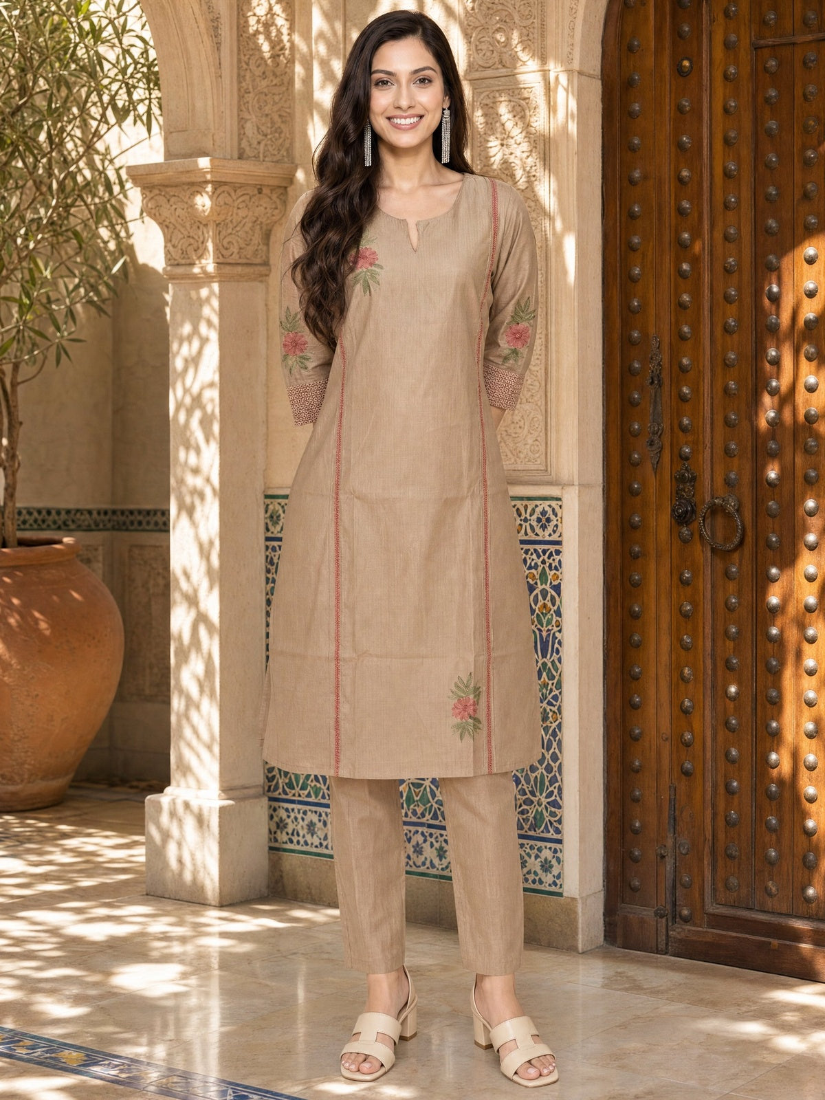 Buy Viscose Embroidered Straight Calf Length Kurta With Pant-Beige