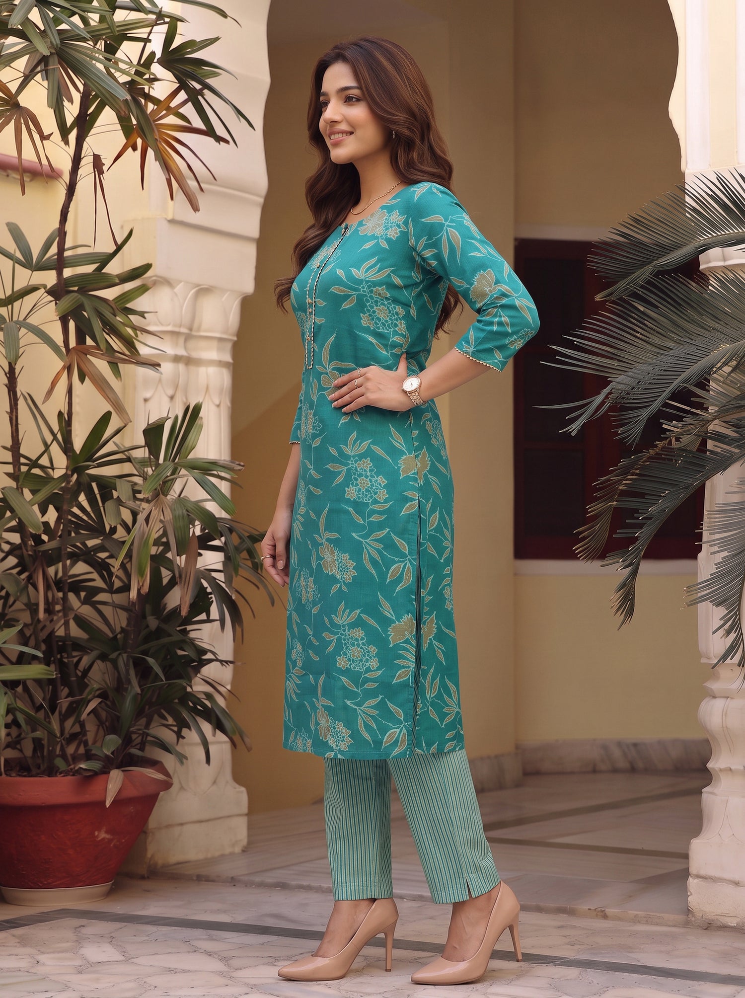Buy Viscose Printed A-Line Calf Length Kurta With Pant-Turquoise