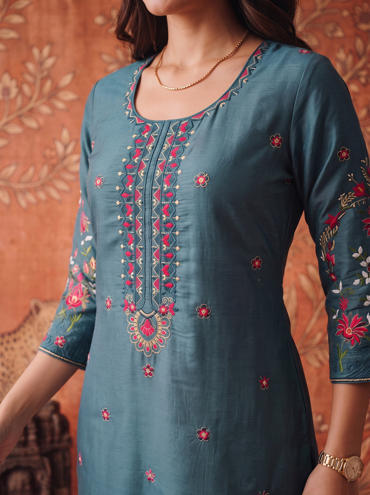 Buy Viscose Embroidered Straight Calf Length Kurta-Teal