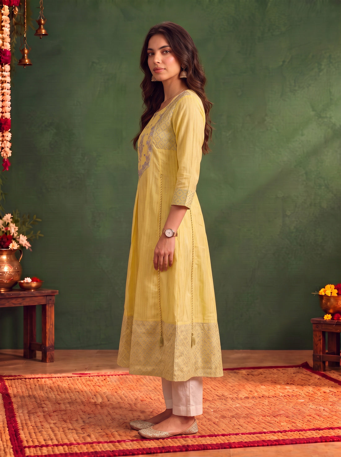 Buy Viscose Embroidered Flared Calf Length Kurta-Yellow