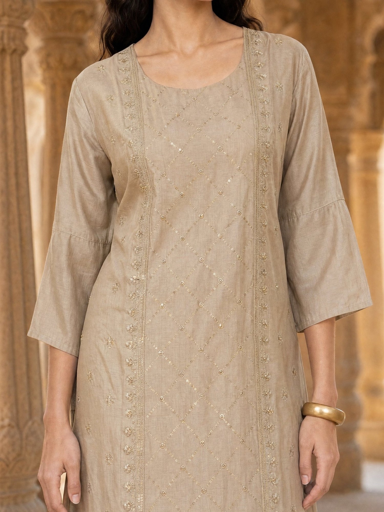 Chanderi Embroidered Straight Calf Length Kurta