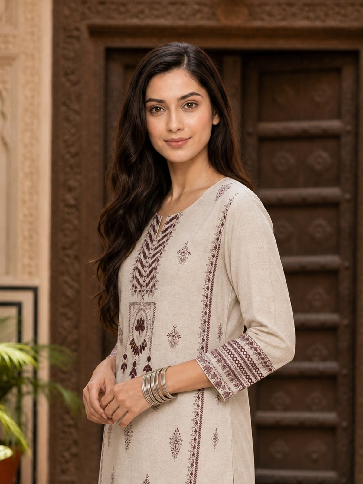 Buy Cotton Embroidered Straight Calf Length Kurta-Wine