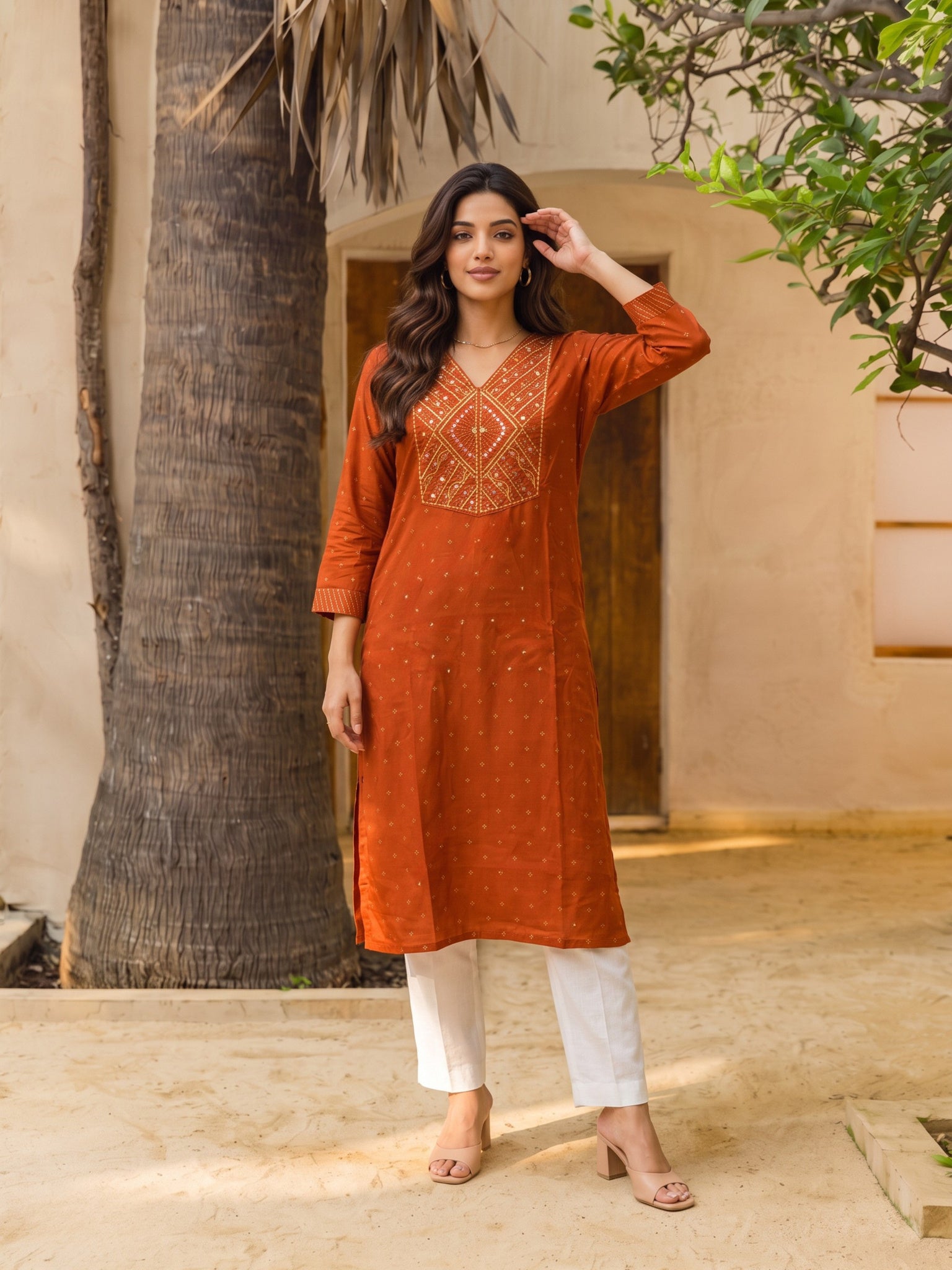 Rayon Embroidered Straight Calf Length Kurta