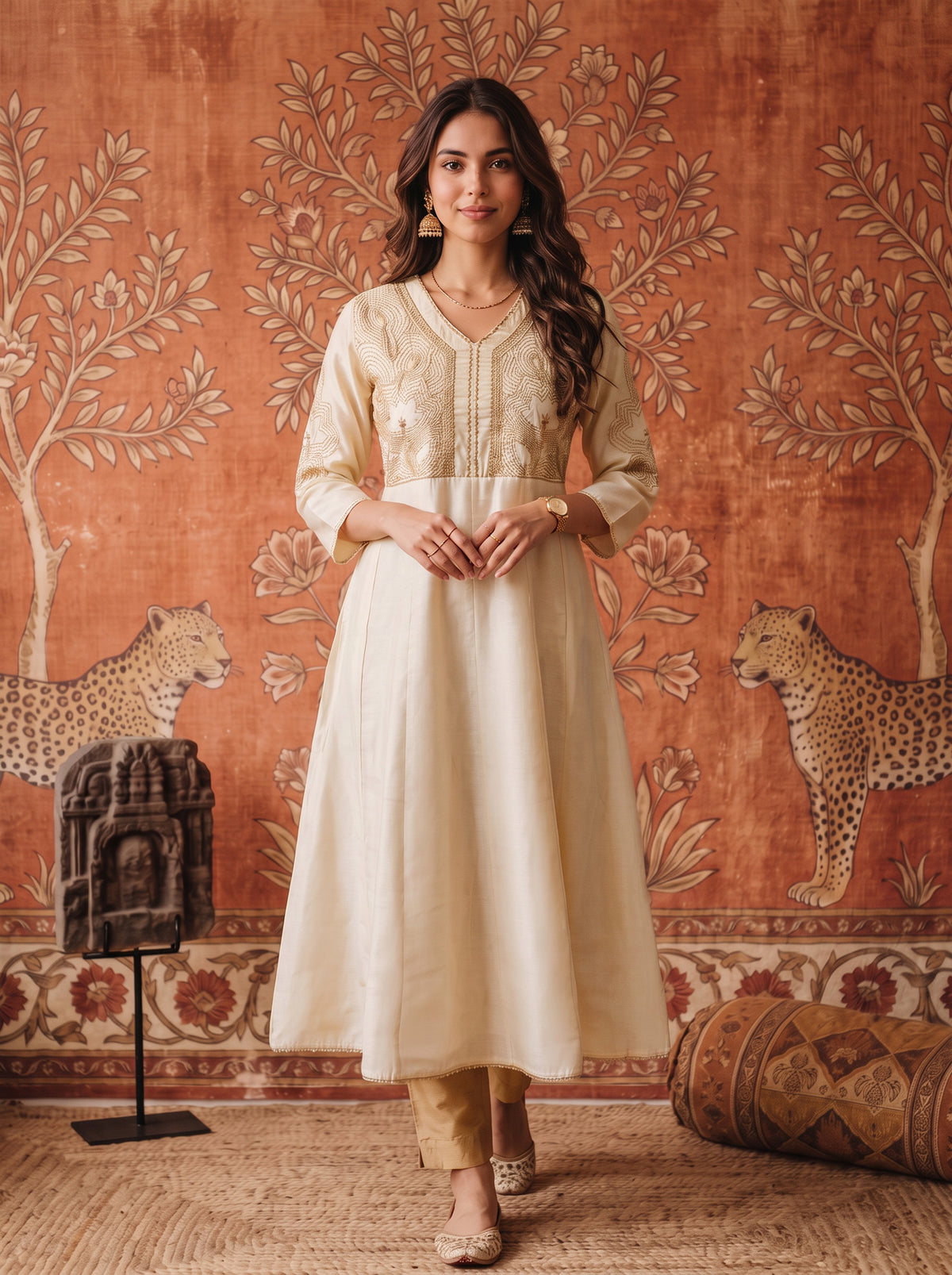 Buy Viscose Embroidered Flared Calf Length Kurta-Off White