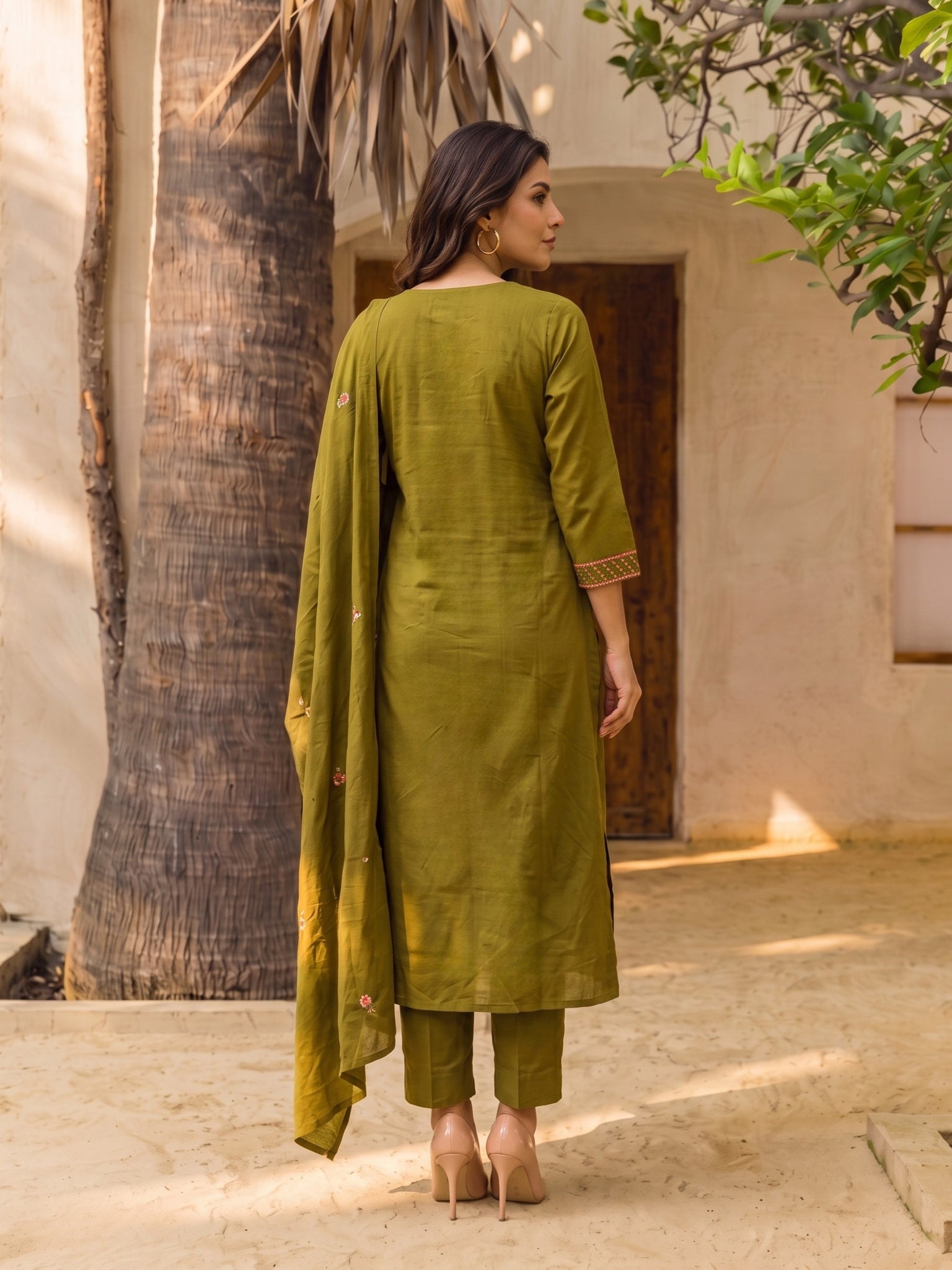 Cotton Embroidered A-Line Calf Length Kurta With Pant