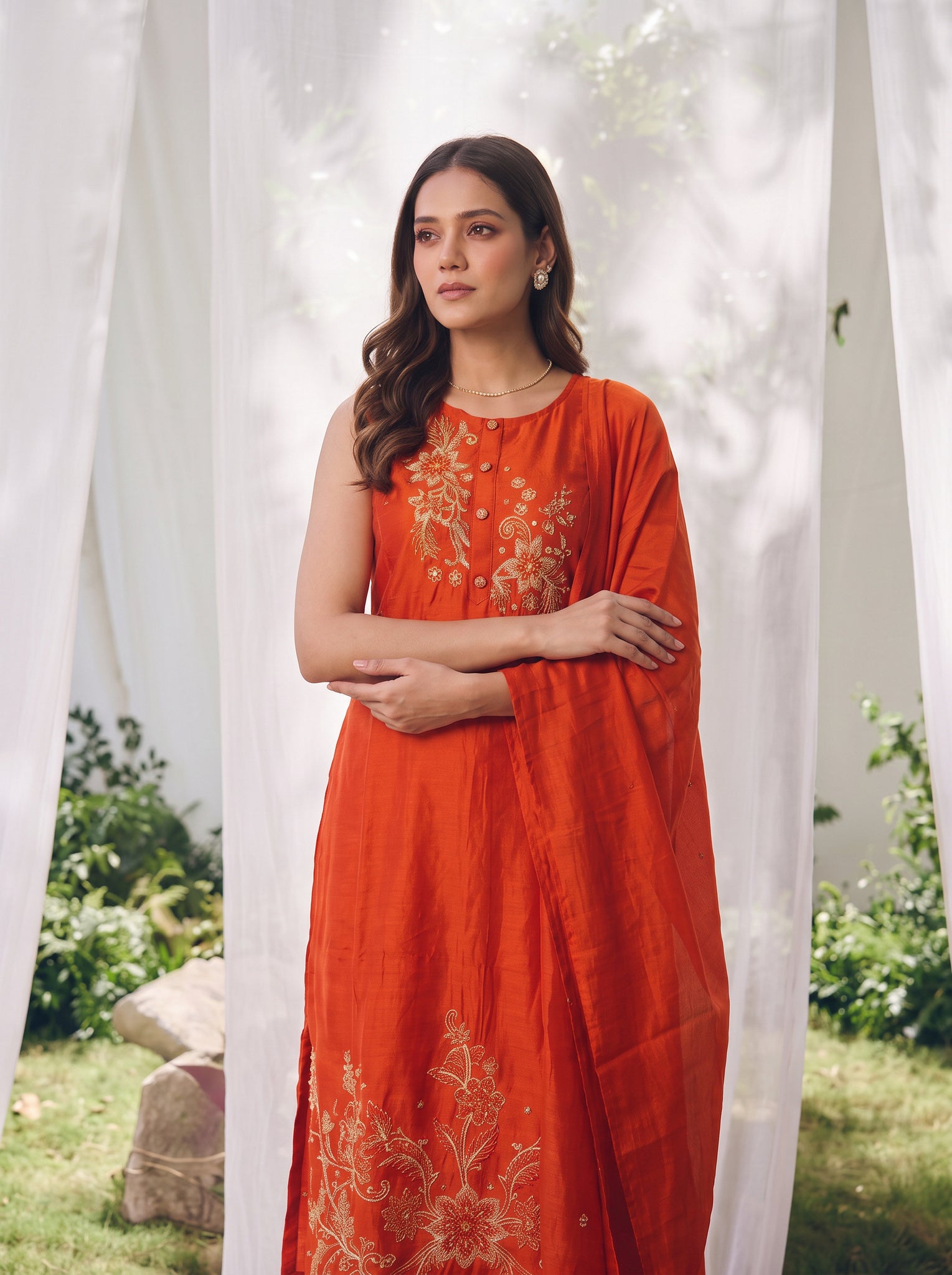 Rayon Embroidered A-Line Calf Length Kurta With Pant