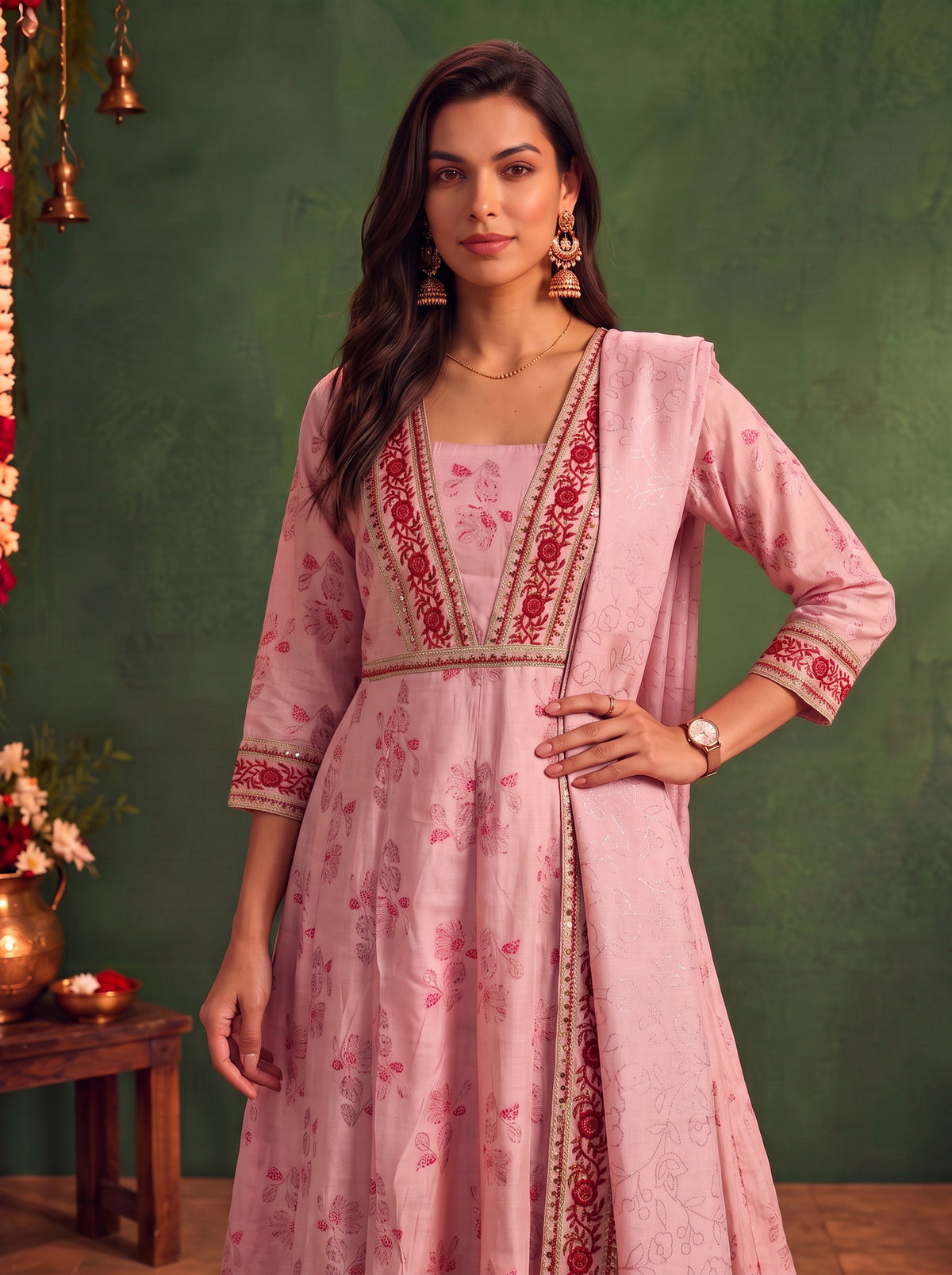 Buy Viscose Embroidered Flared Calf Length Kurta With Pant and Dupatta-Pink