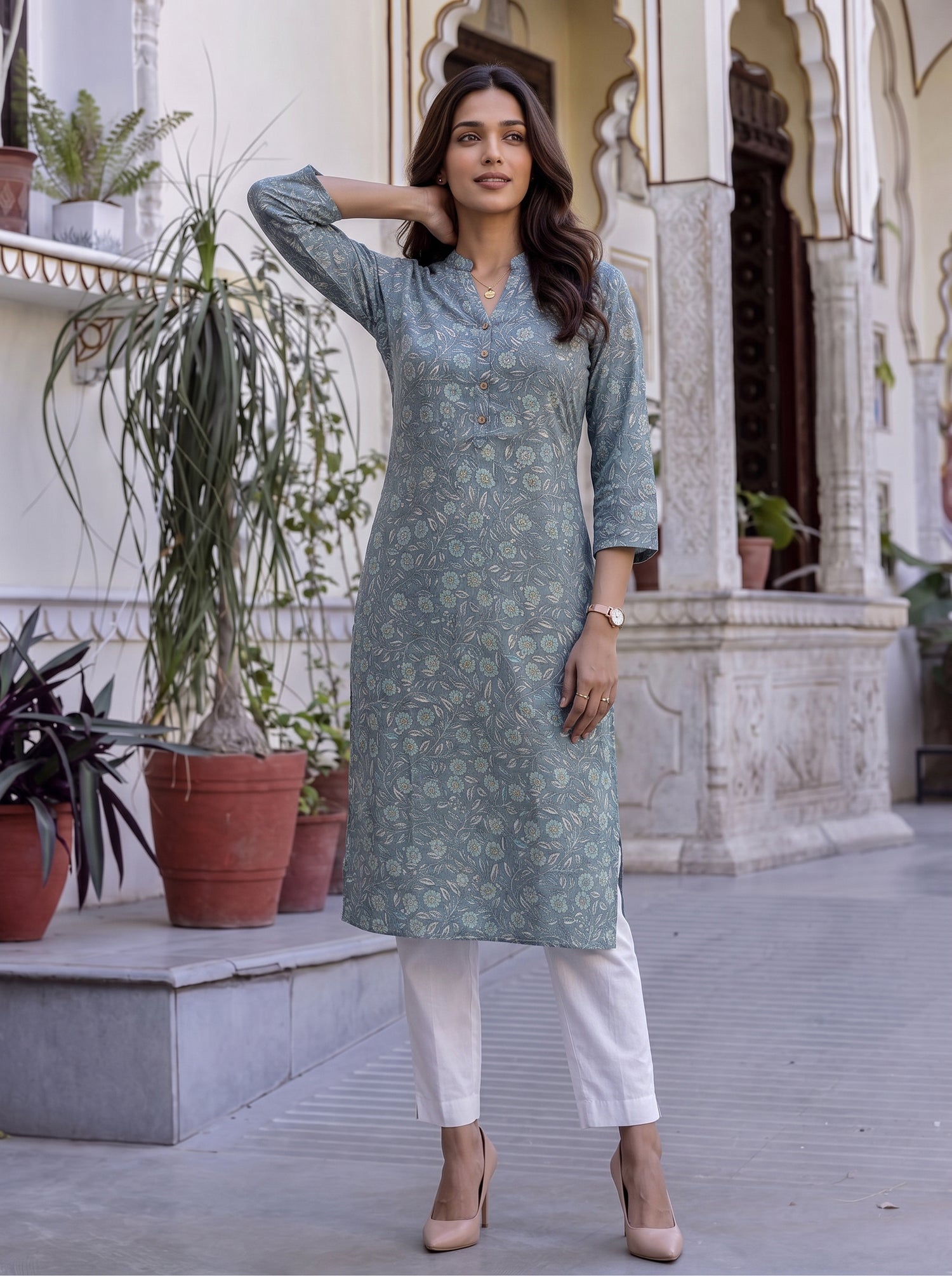 Buy Viscose Printed Straight Knee Length Kurta-Grey