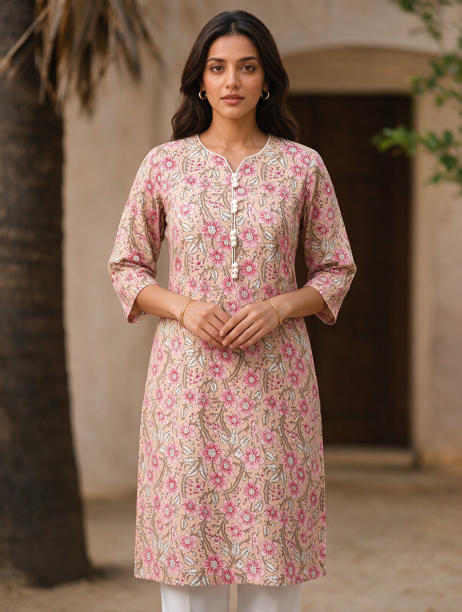 Buy Cotton Printed Straight Knee Length Kurta-Beige