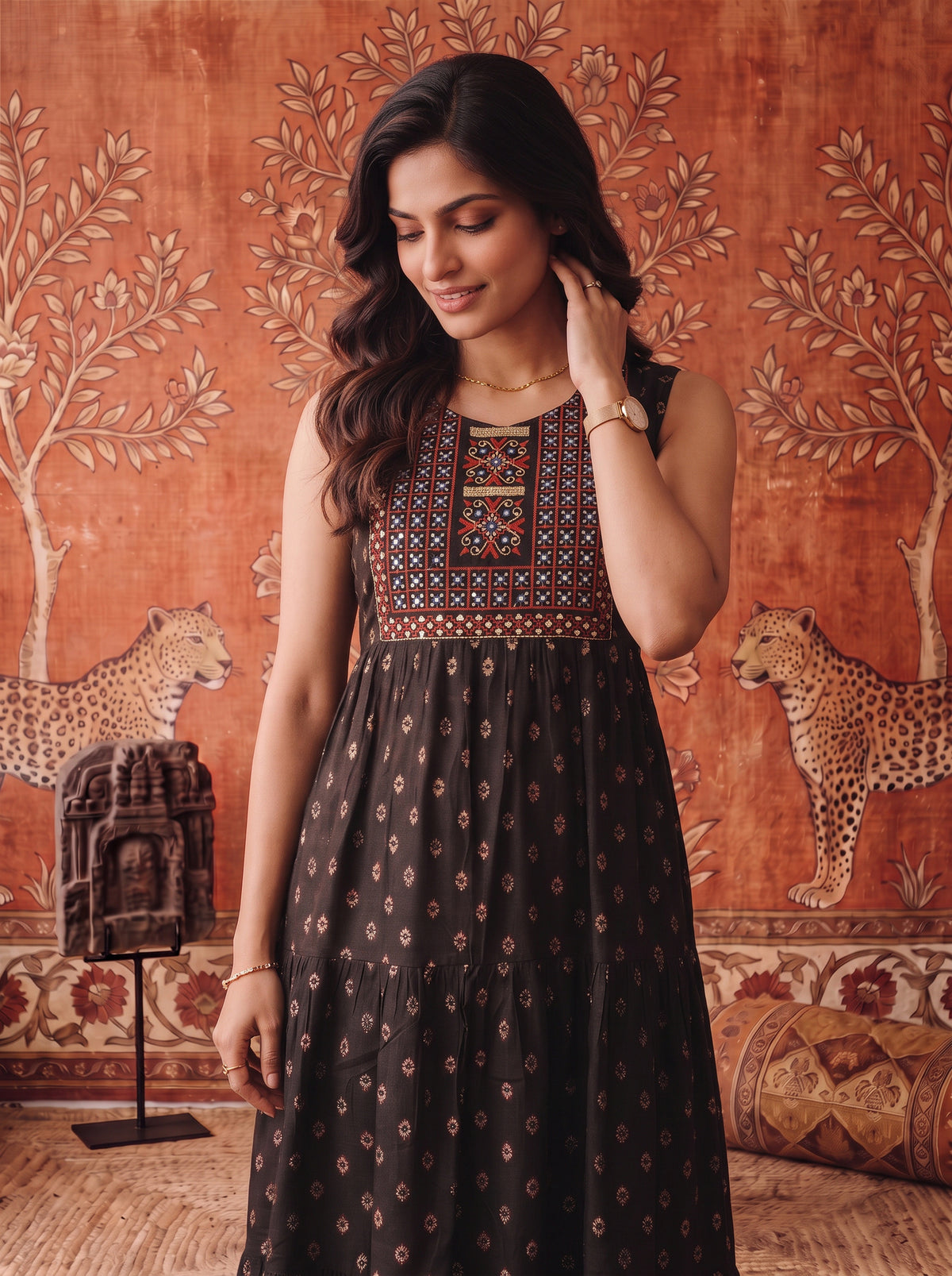 Buy Rayon Embroidered Flared Calf Length Dress-Black