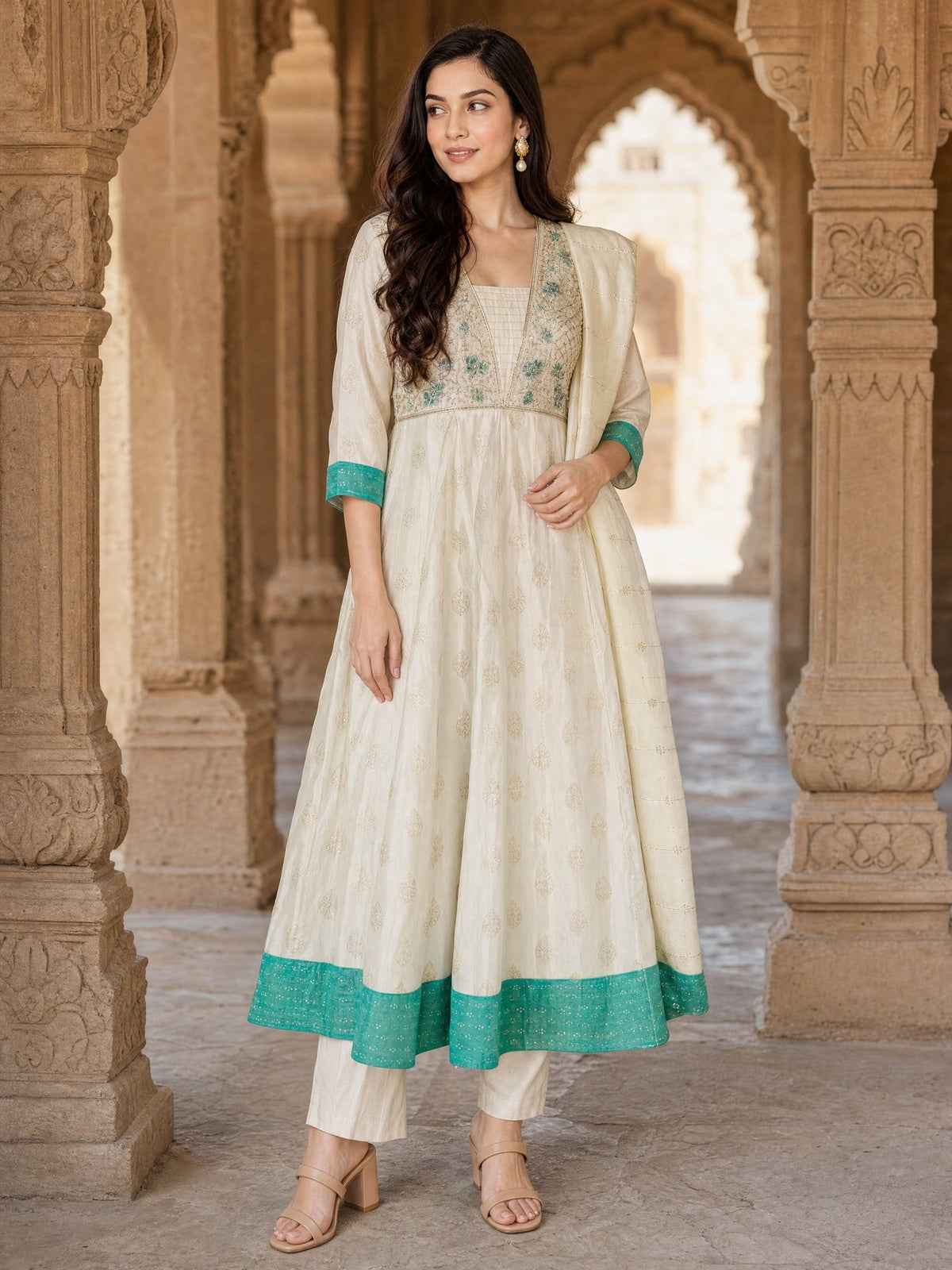 Buy Viscose Embroidered Anarkali Calf Length Kurta With Pant and Dupatta-Off White