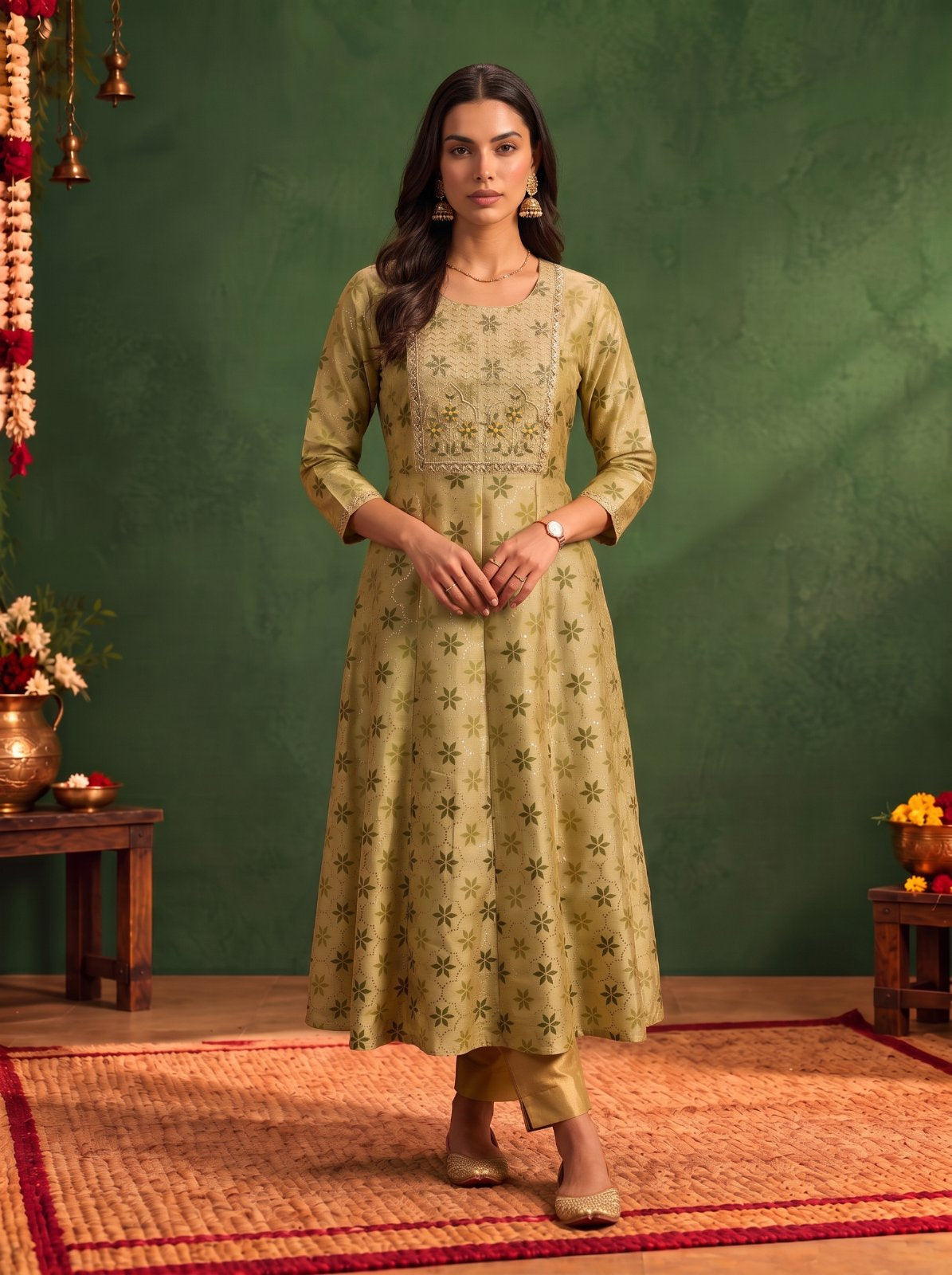 Buy Chanderi Embroidered Flared Calf Length Kurta-Green