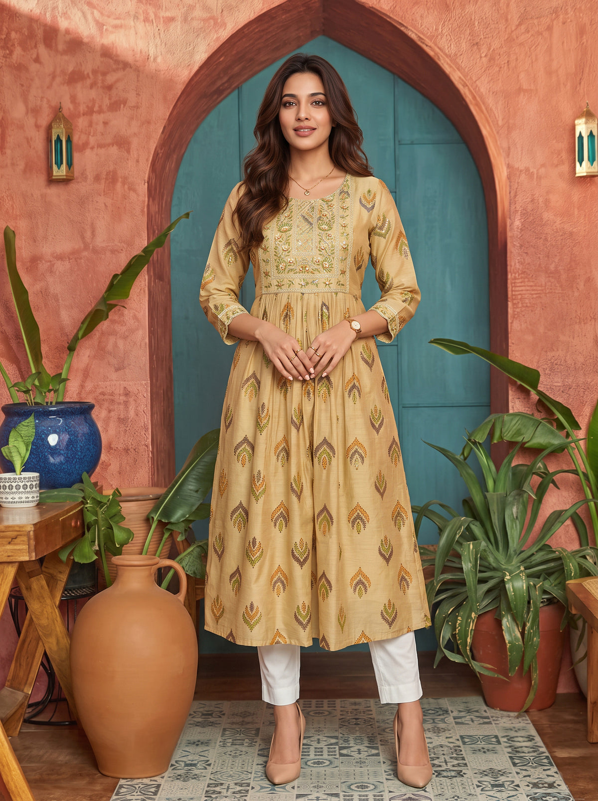Buy Chanderi Embroidered Flared Calf Length Kurta-Green