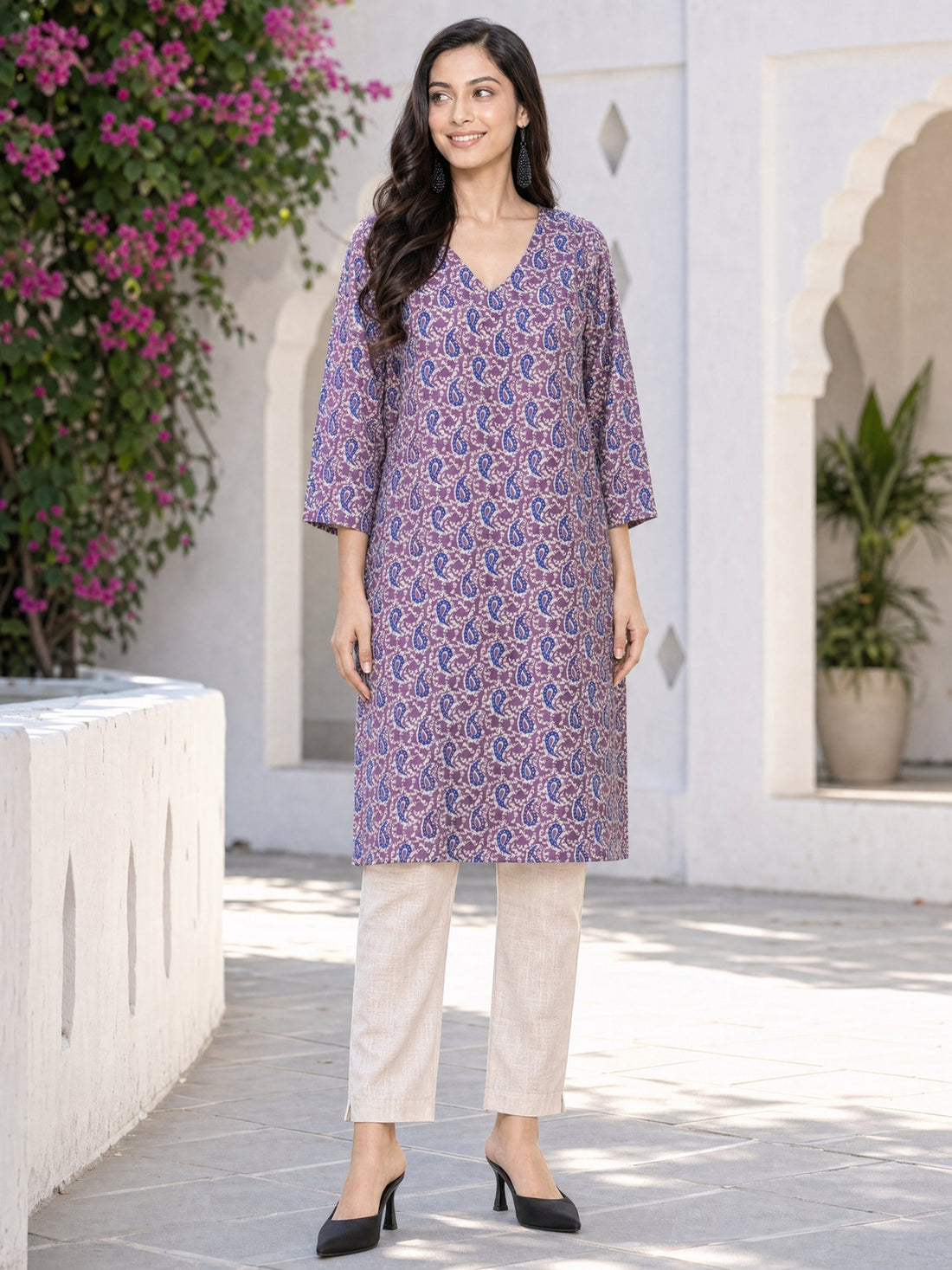 Buy Cotton Printed Straight Knee Length Kurta-Purple