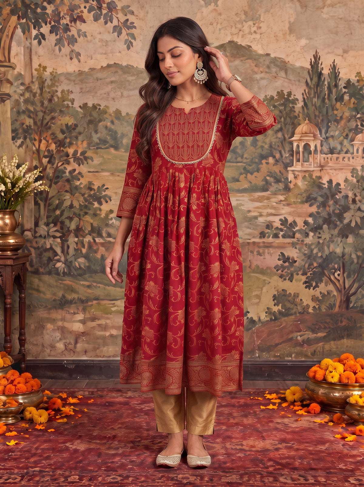 Rayon Printed Flared Calf Length Kurta