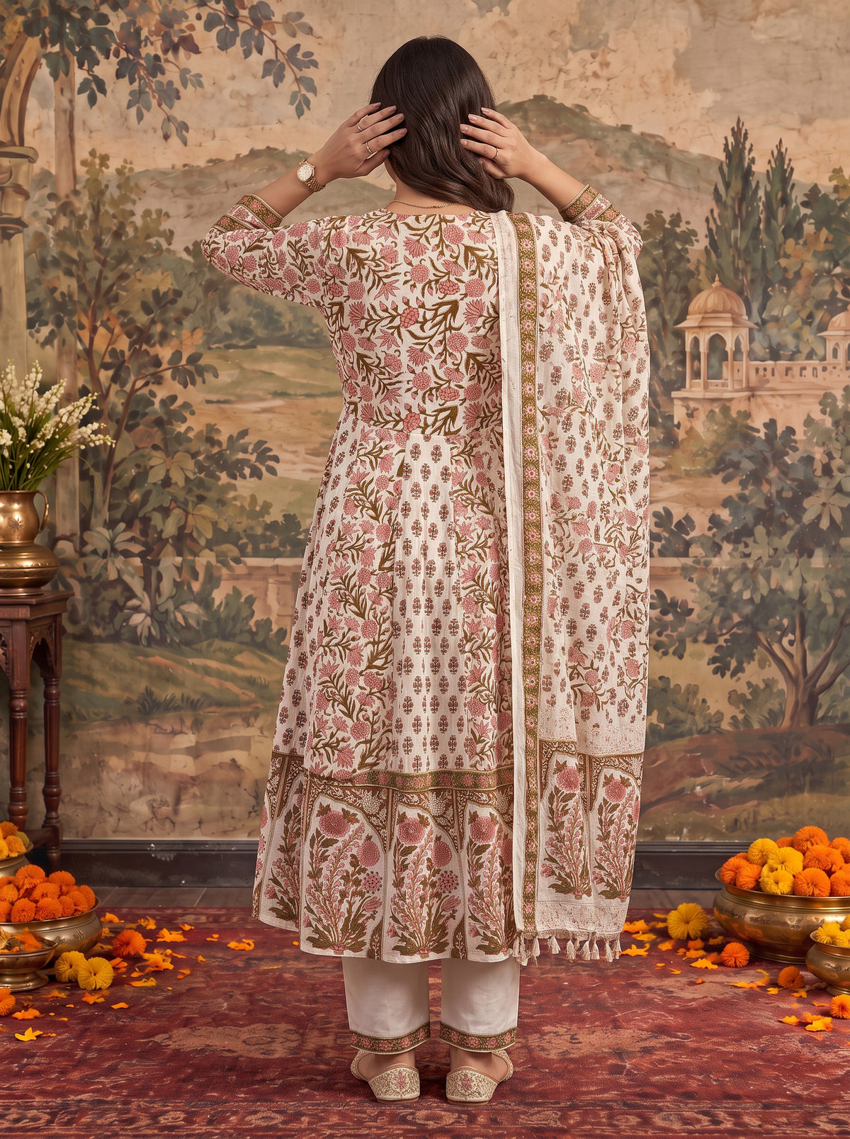 Buy Cotton Printed Flared Calf Length Kurta With Pant and Dupatta-Brown