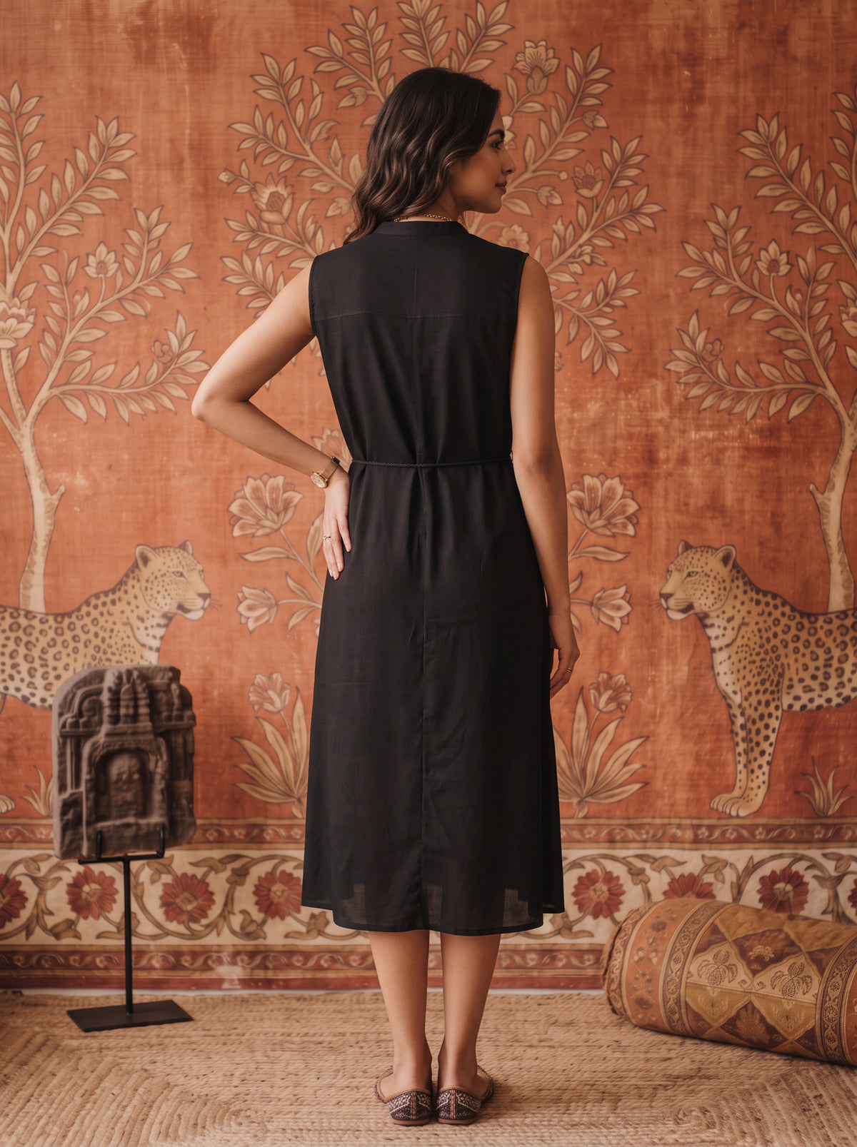 Buy Rayon Embroidered Flared Calf Length Dress-Black