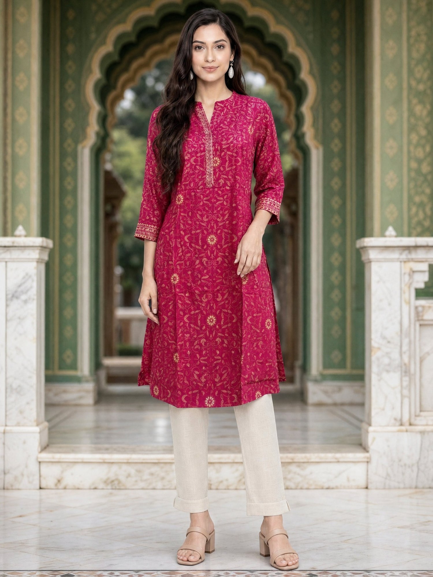 Buy Rayon Printed Straight Knee Length Kurta-Red