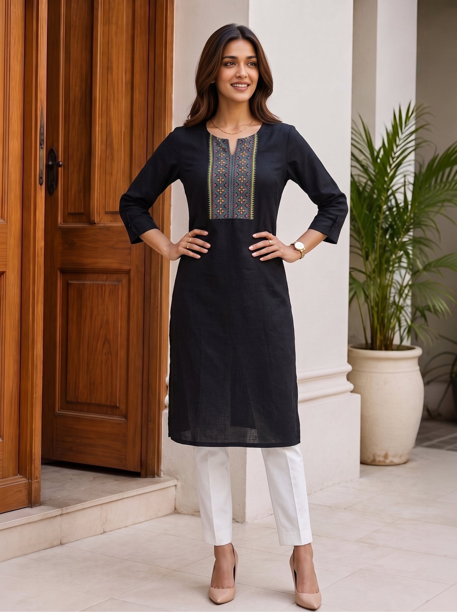 Buy Rayon Embroidered Straight Calf Length Kurta-Black
