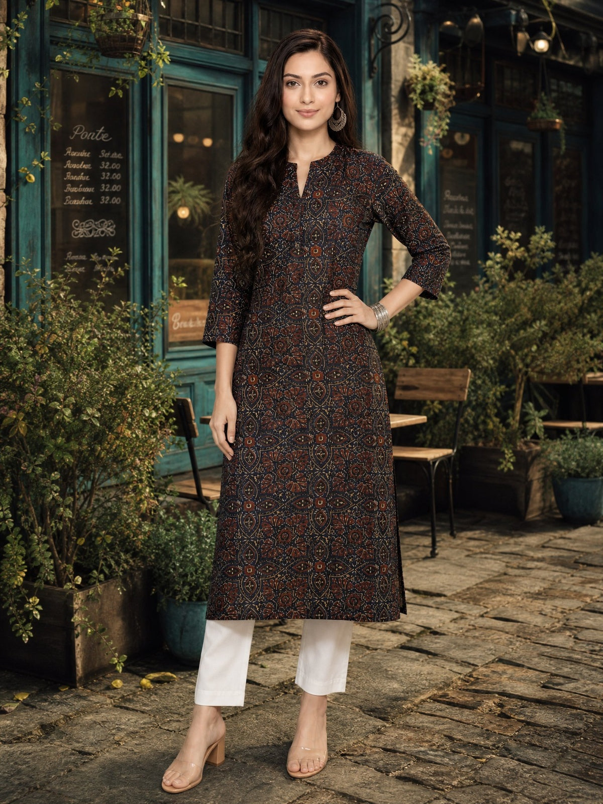 Buy Cotton Printed Straight Knee Length Kurta-Navy Blue