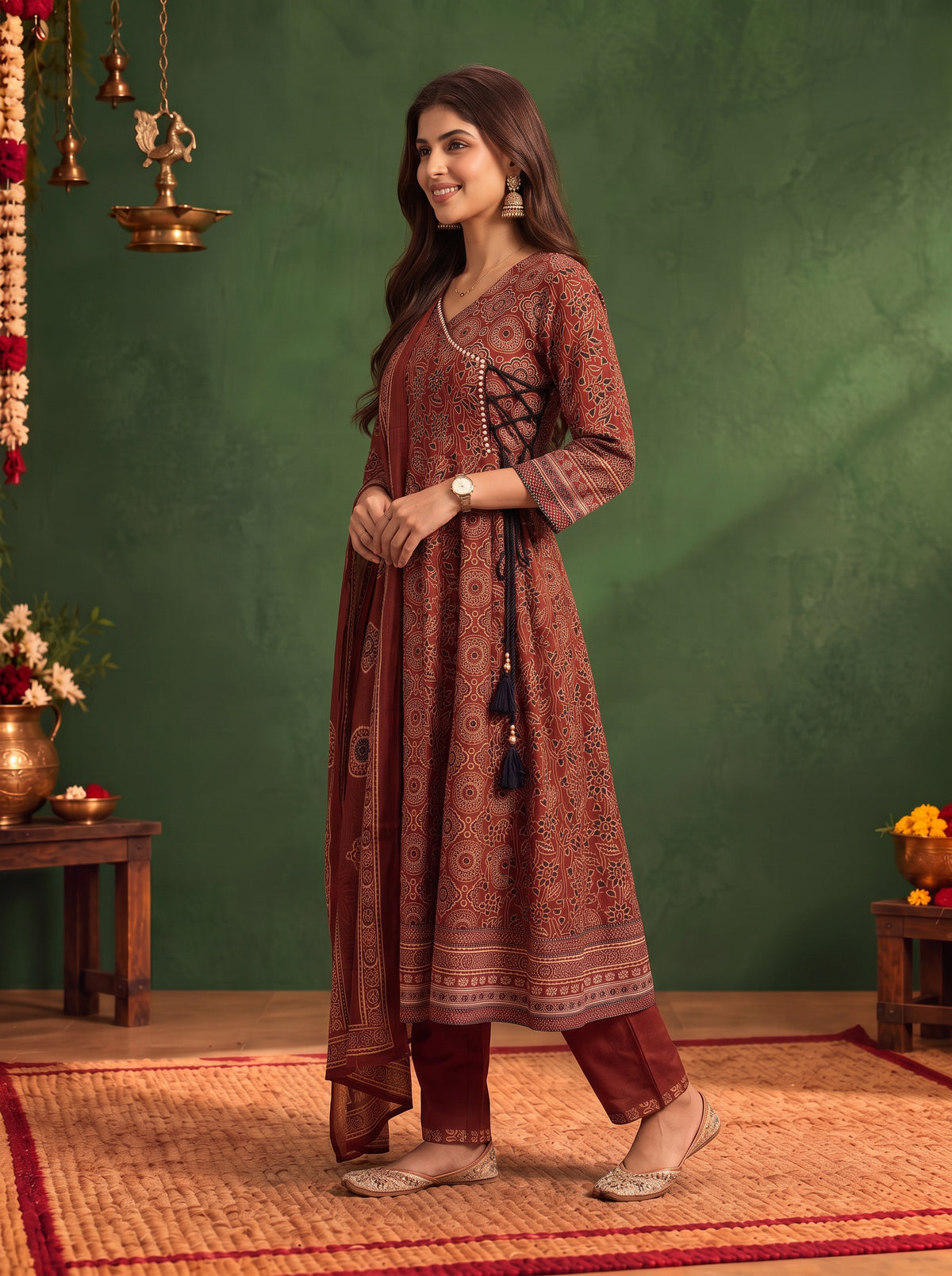 Buy Cotton Printed Flared Calf Length Kurta With Pant and Dupatta-Rust
