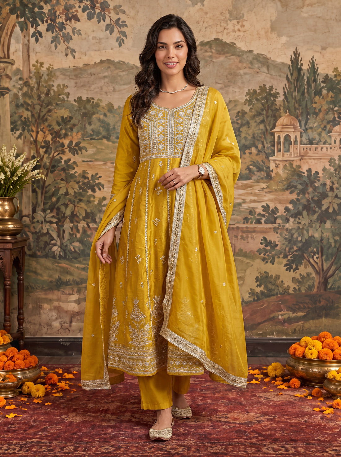 Buy Viscose Embroidered Flared Calf Length Kurta With Pant and Dupatta-Mustard