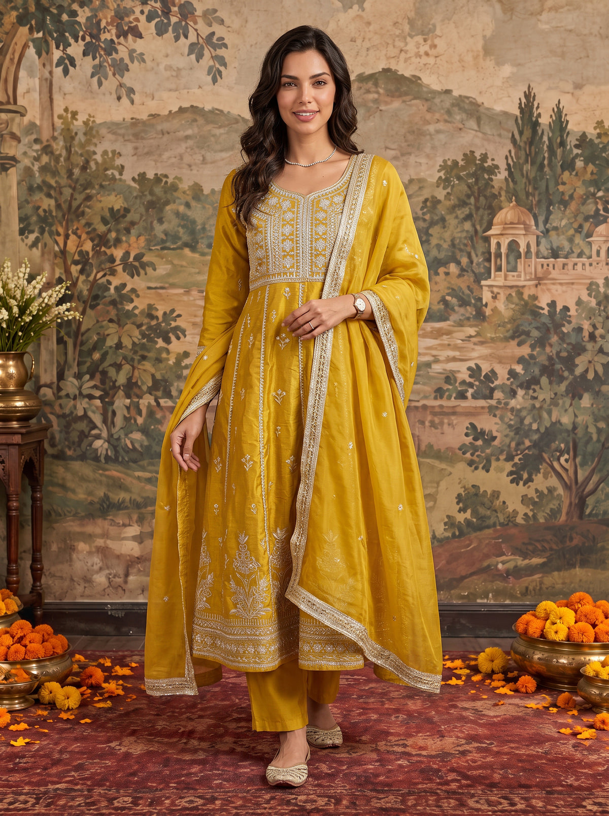 Buy Viscose Embroidered Flared Calf Length Kurta With Pant and Dupatta-Mustard