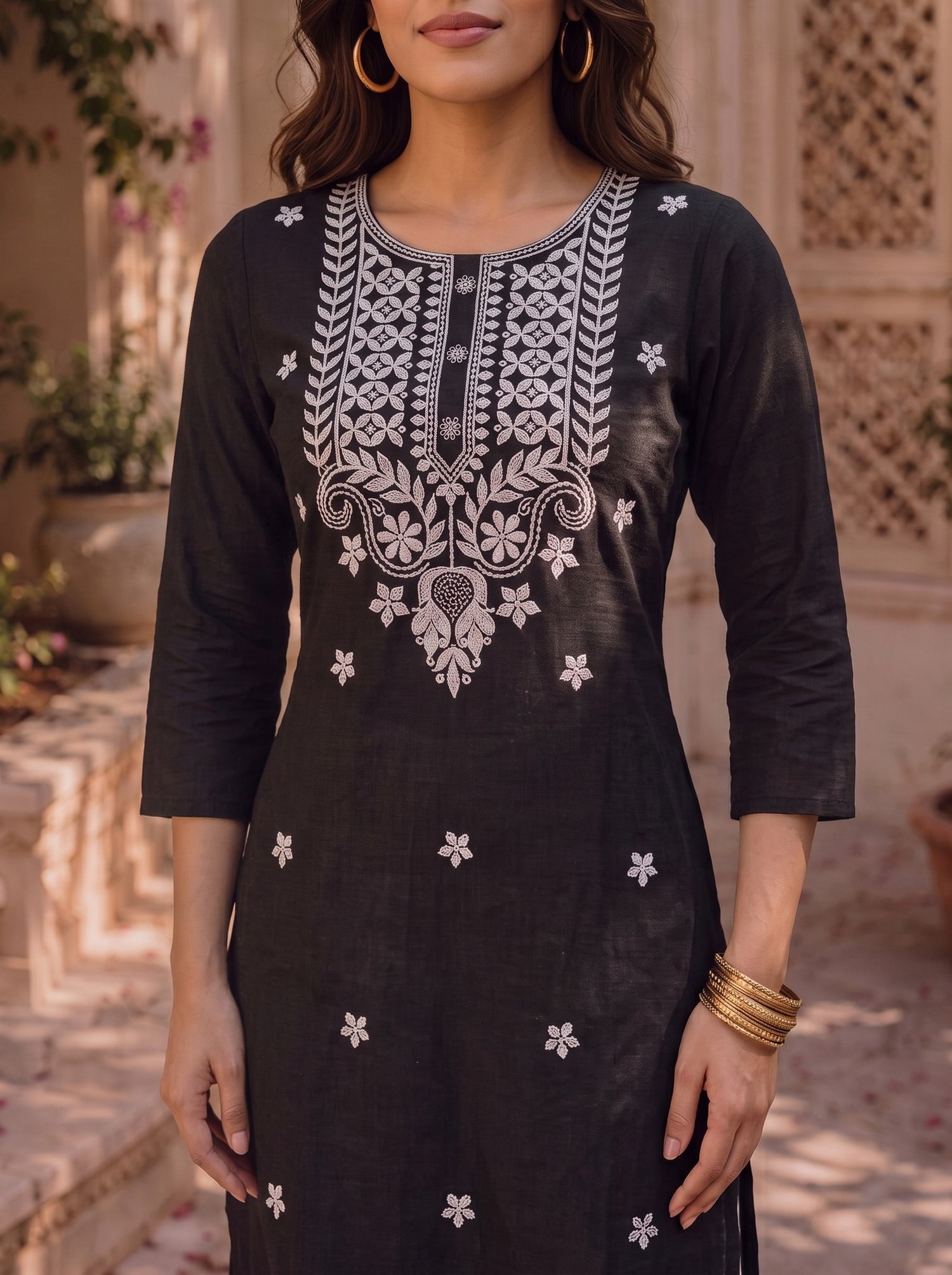 Buy Rayon Embroidered Straight Knee Length Kurta-Black