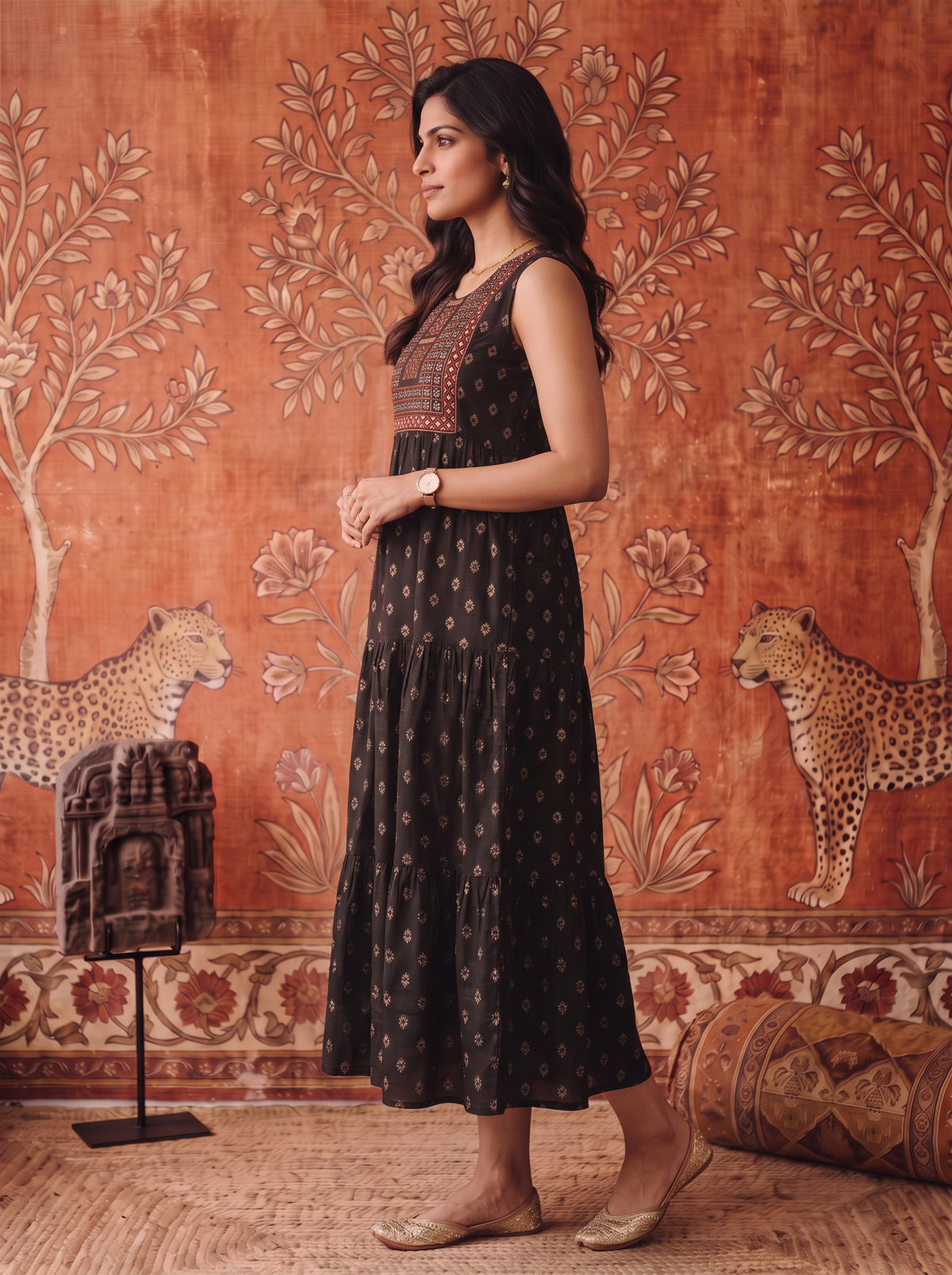 Buy Rayon Embroidered Flared Calf Length Dress-Black