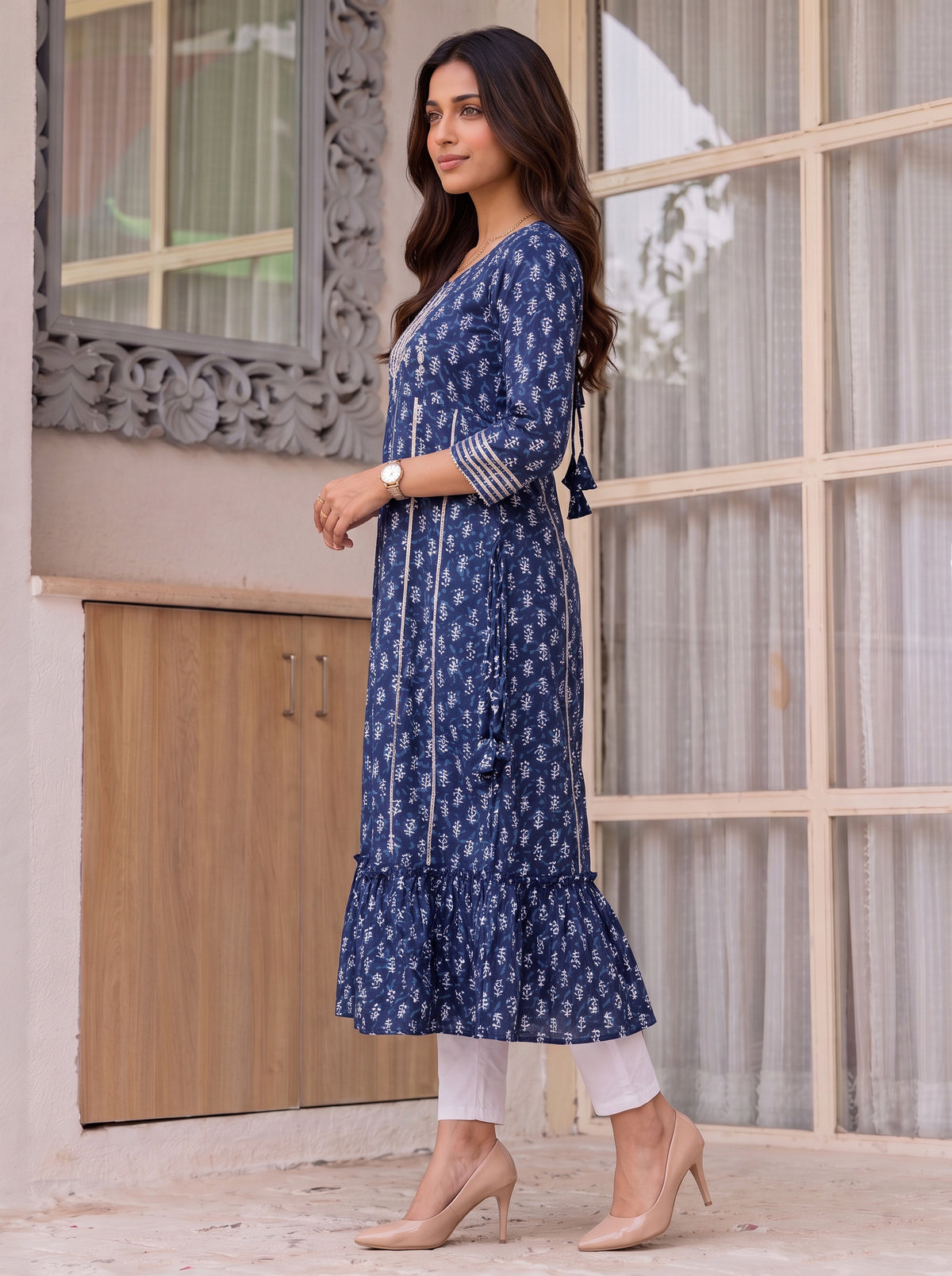 Cotton Embroidered Flared Calf Length Kurta