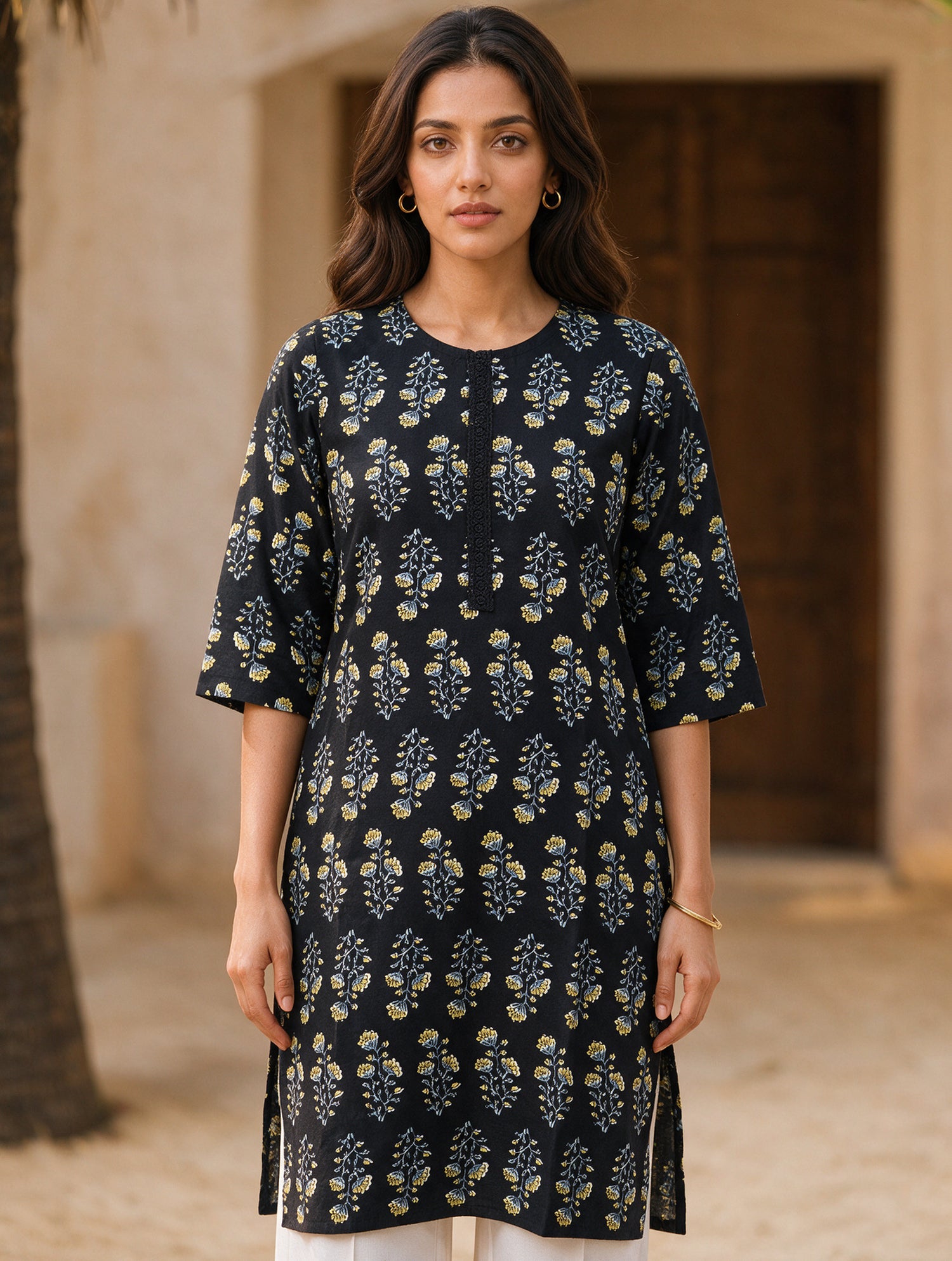 Buy Rayon Printed Straight Knee Length Kurta-Black
