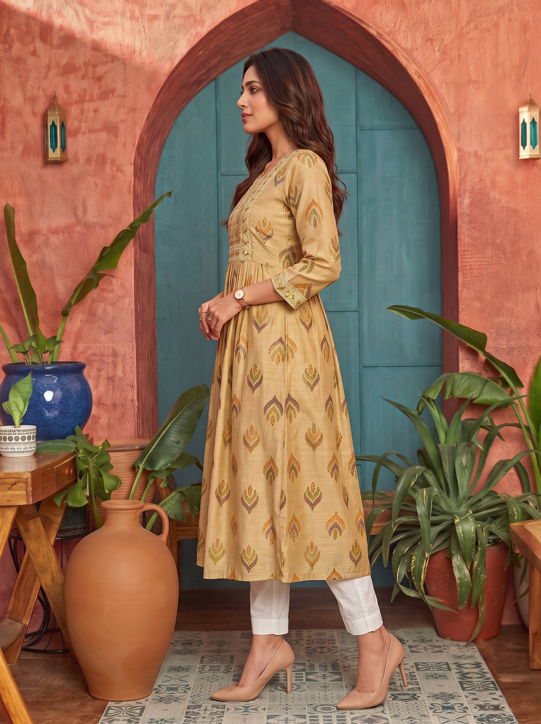 Buy Chanderi Embroidered Flared Calf Length Kurta-Green