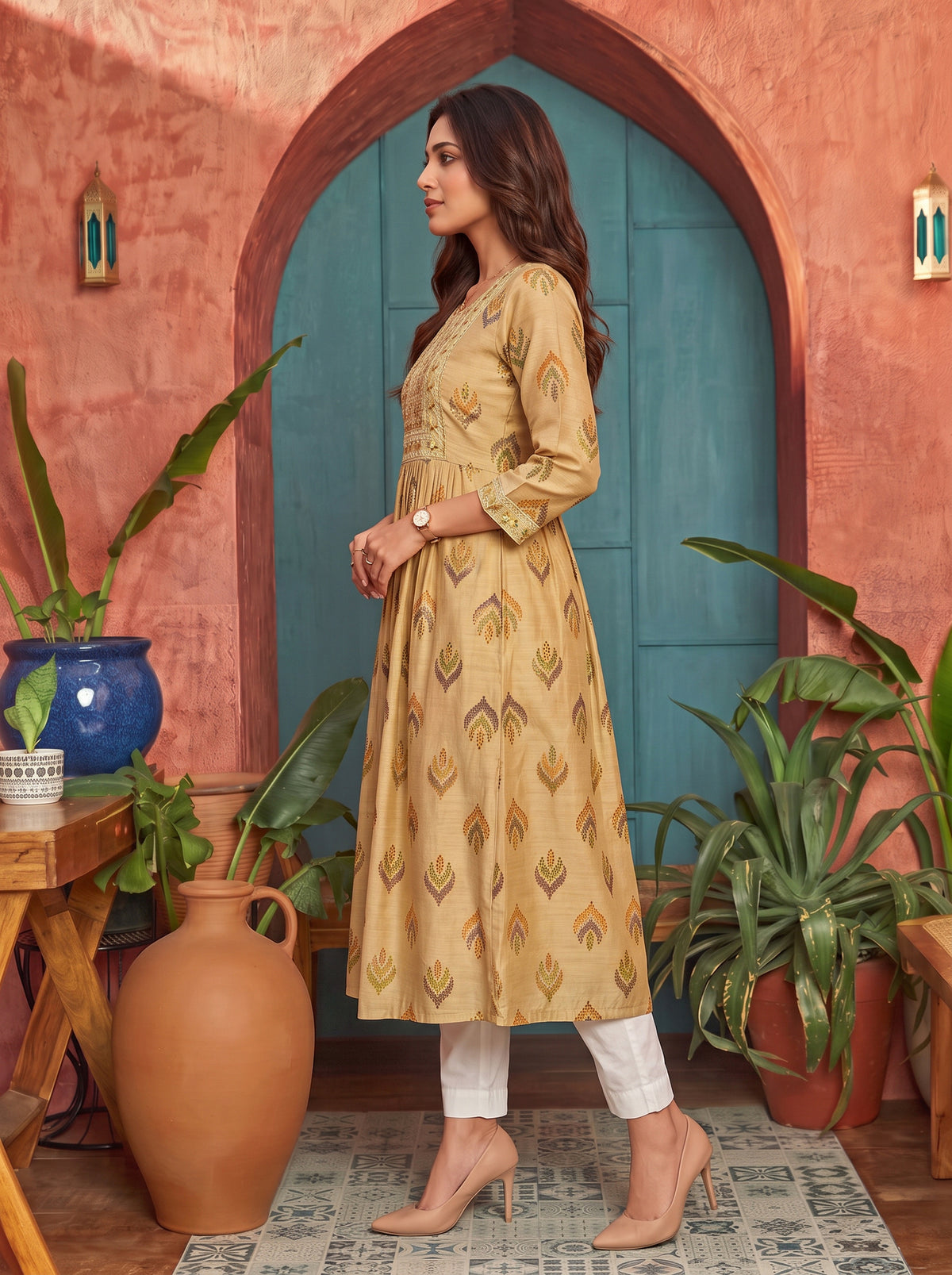 Chanderi Embroidered Flared Calf Length Kurta
