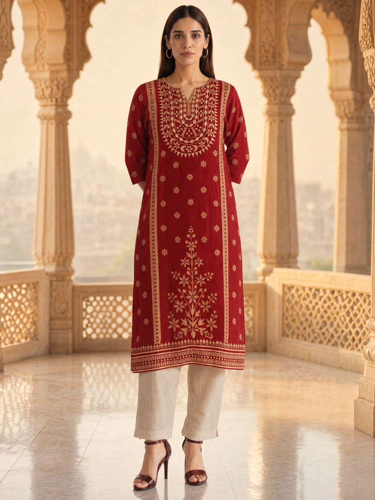 Buy Rayon Printed Straight Calf Length Kurta-Red