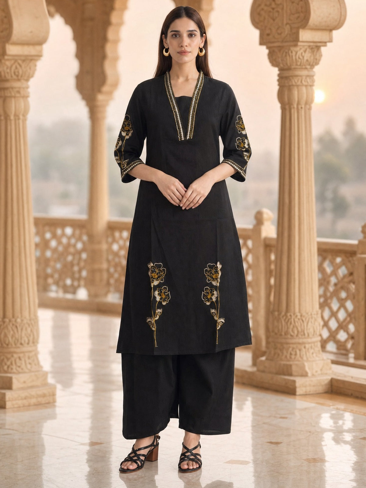 Buy Viscose Embroidered Straight Calf Length Kurta With Pant-Black