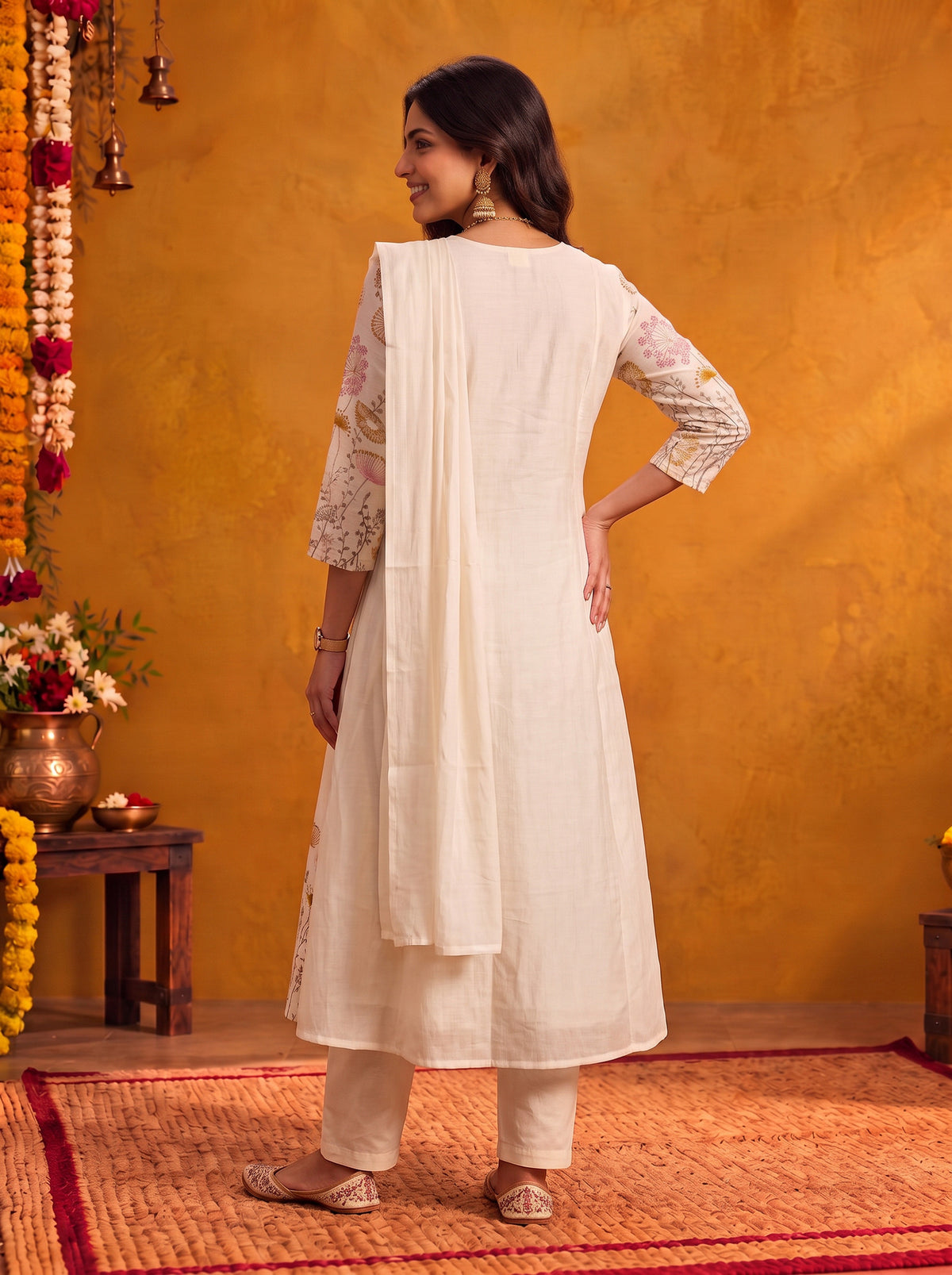 Buy Viscose Embroidered Flared Calf Length Kurta With Pant and Dupatta-Off-White