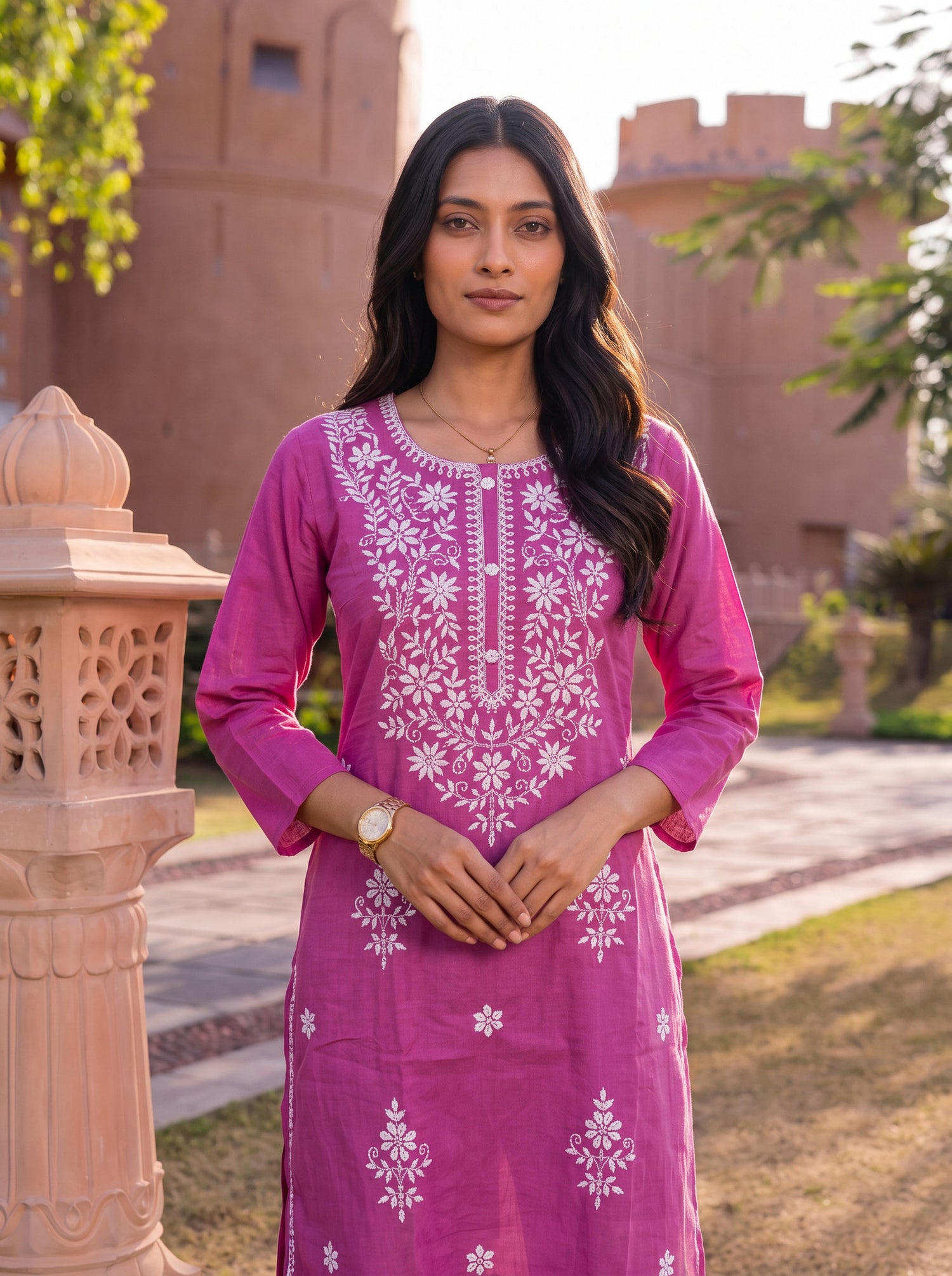 Buy Cotton Embroidered Straight Calf Length Kurta-Pink