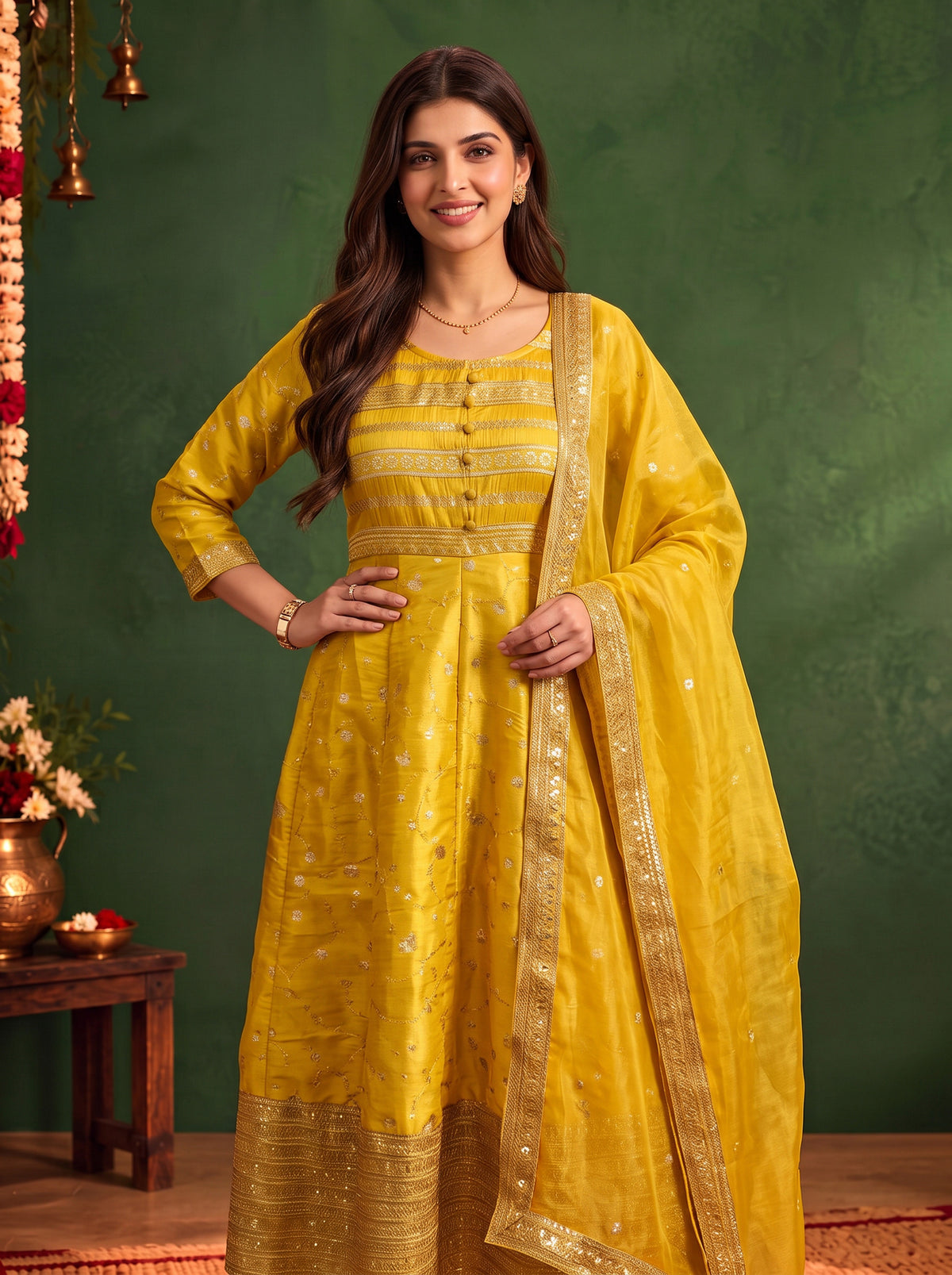 Viscose Embroidered Flared Calf Length Kurta With Pant and Dupatta