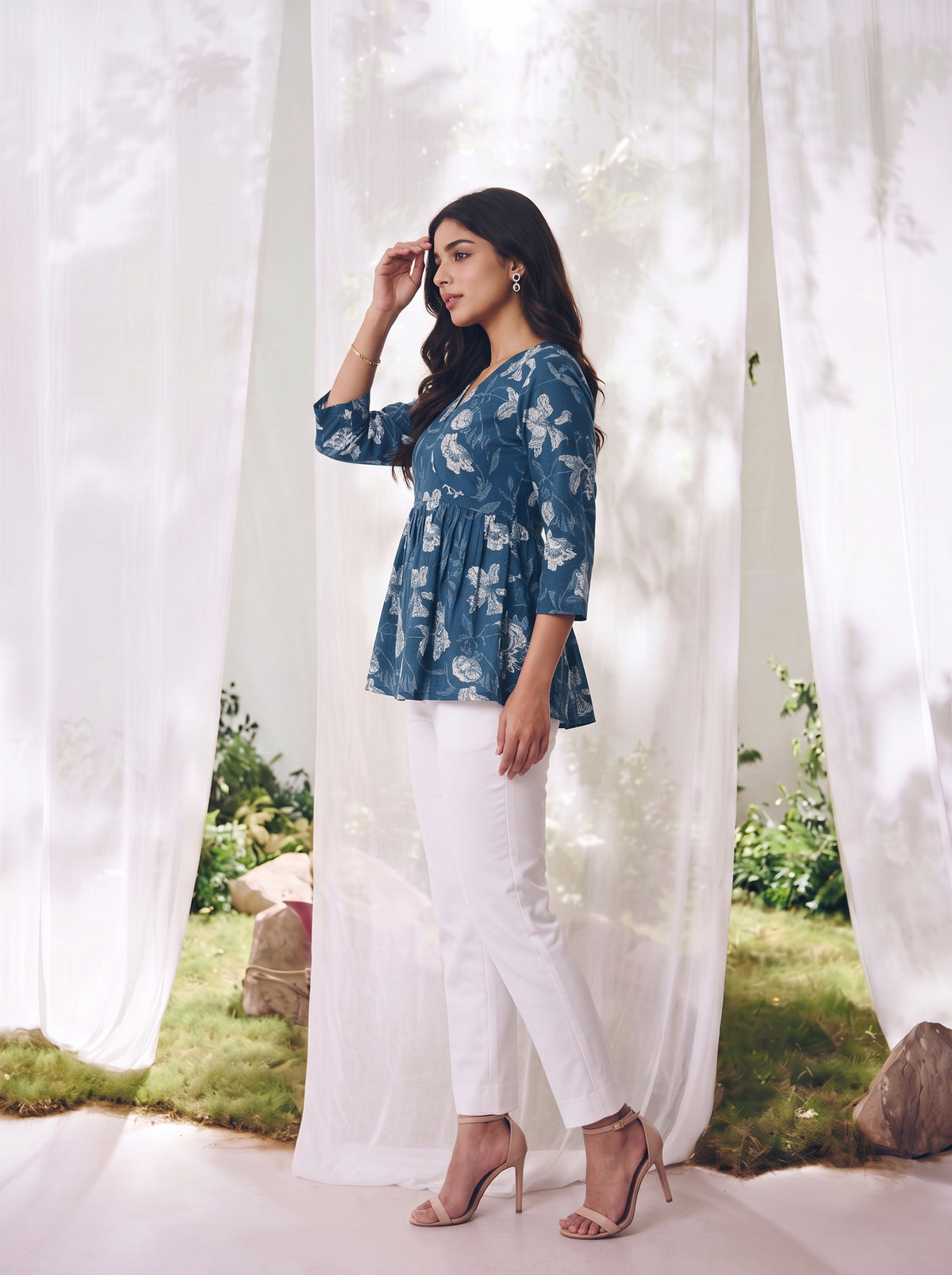 Buy Cotton Printed Peplum Short Length Short Kurta-Blue