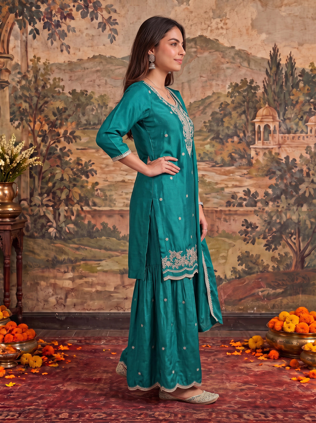 Viscose Embroidered Straight Knee Length Kurta With Pant and Dupatta