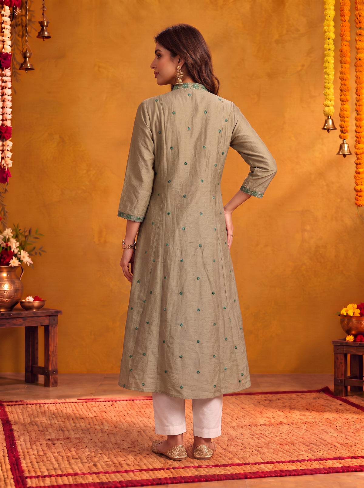 Viscose Embroidered Flared Calf Length Kurta