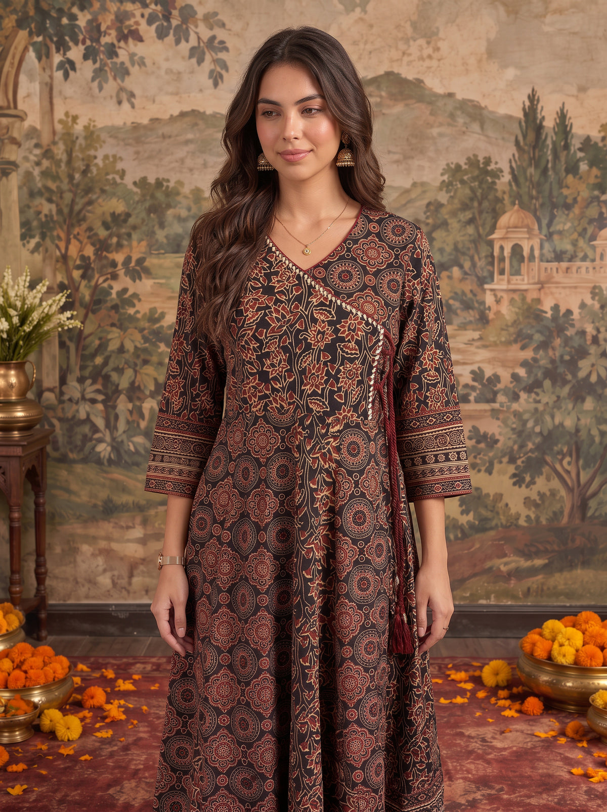 Cotton Printed Flared Calf Length Kurta With Pant and Dupatta