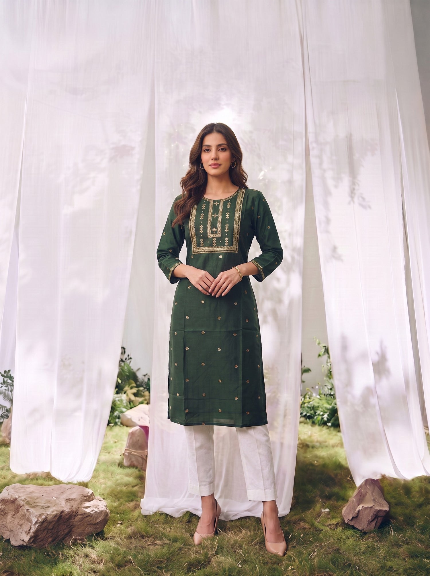 Buy Rayon Embroidered Straight Calf Length Kurta-Green