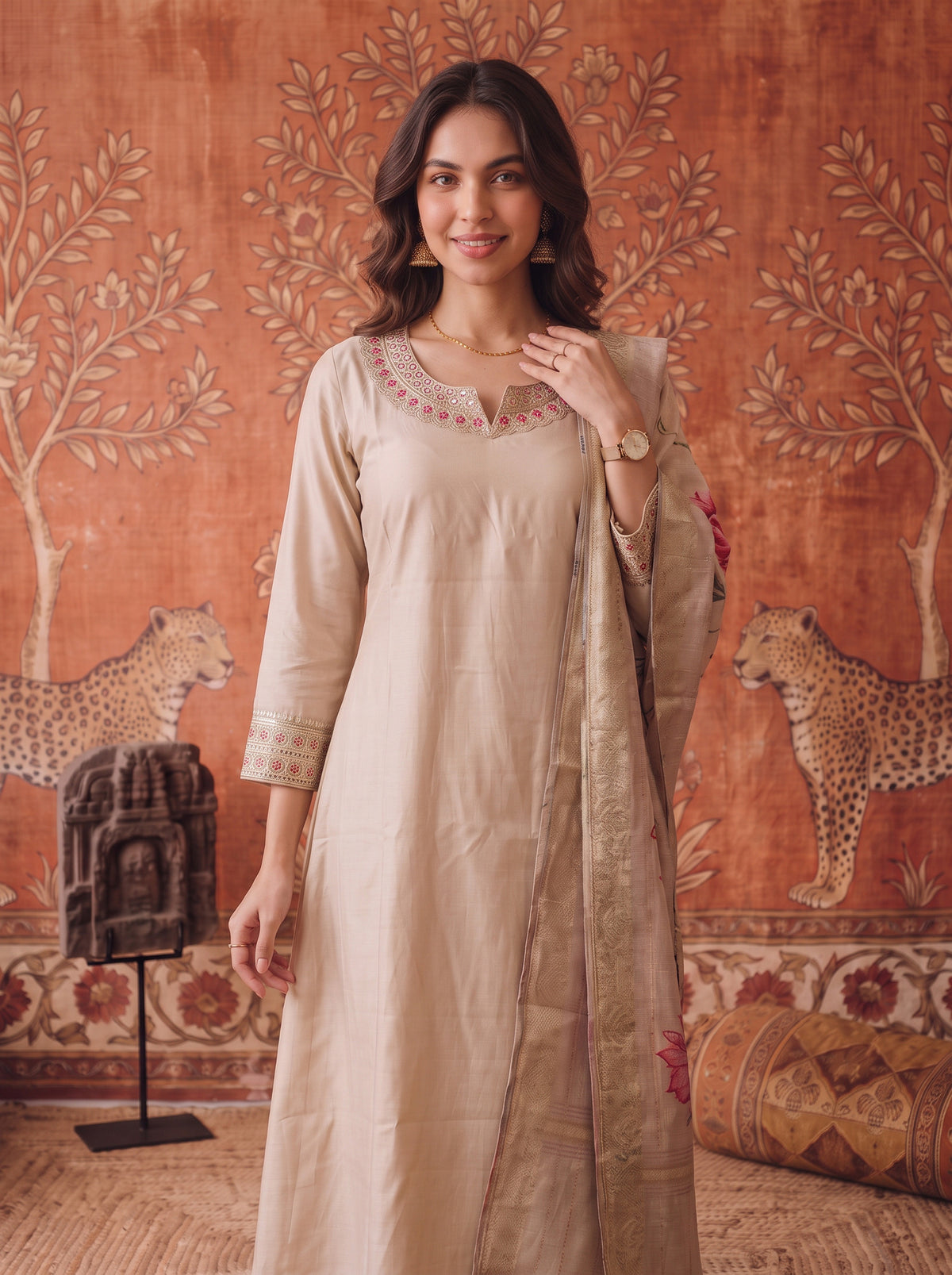Buy Viscose Embroidered Flared Calf Length Kurta With Pant and Dupatta-Beige