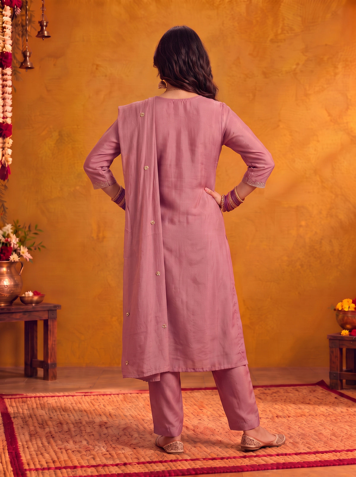 Chanderi Embroidered Straight Calf Length Kurta With Pant and Dupatta